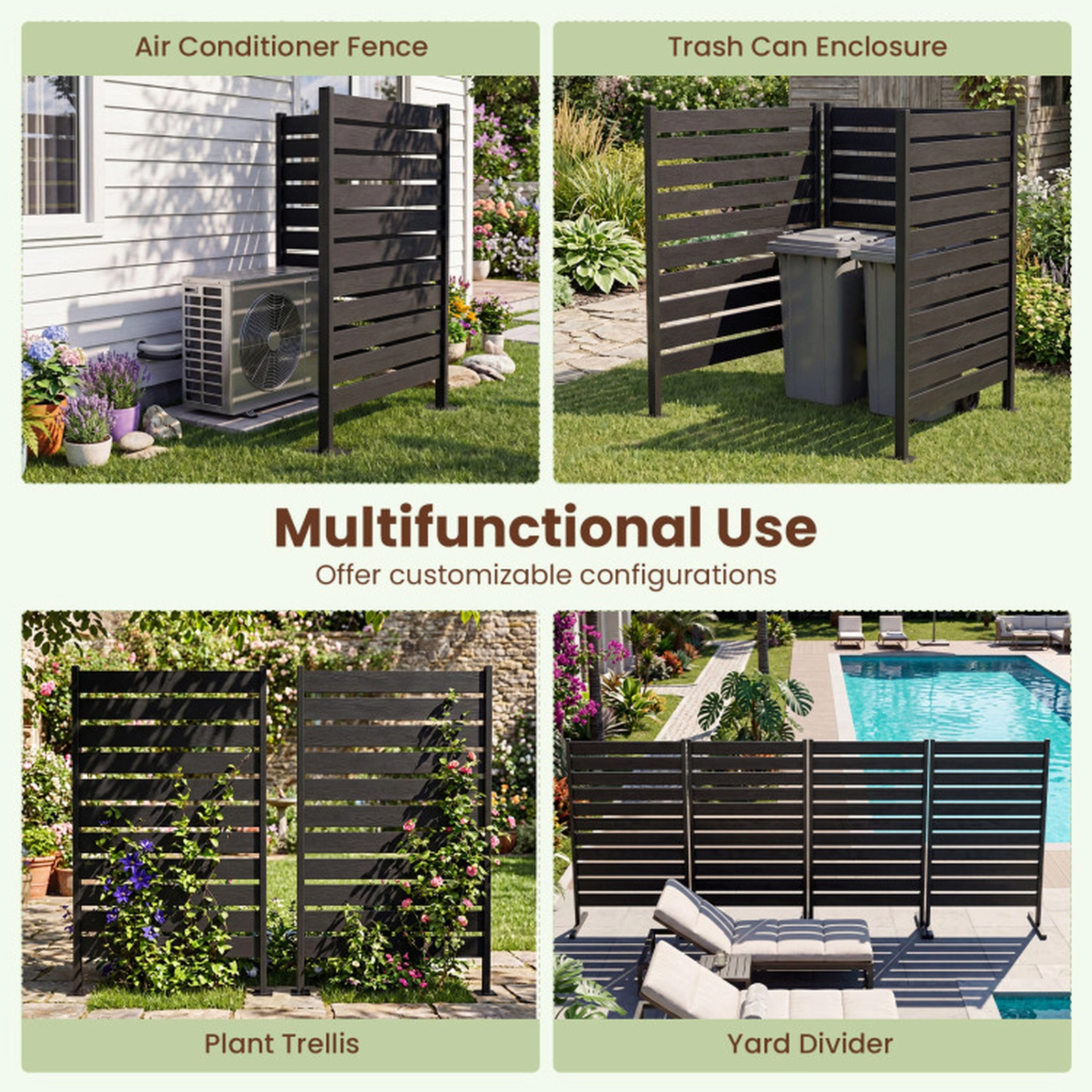 SUGIFT Freestanding 64-in Black HIPS Slatted Outdoor Privacy Screen Fence with Metal Ground Stakes