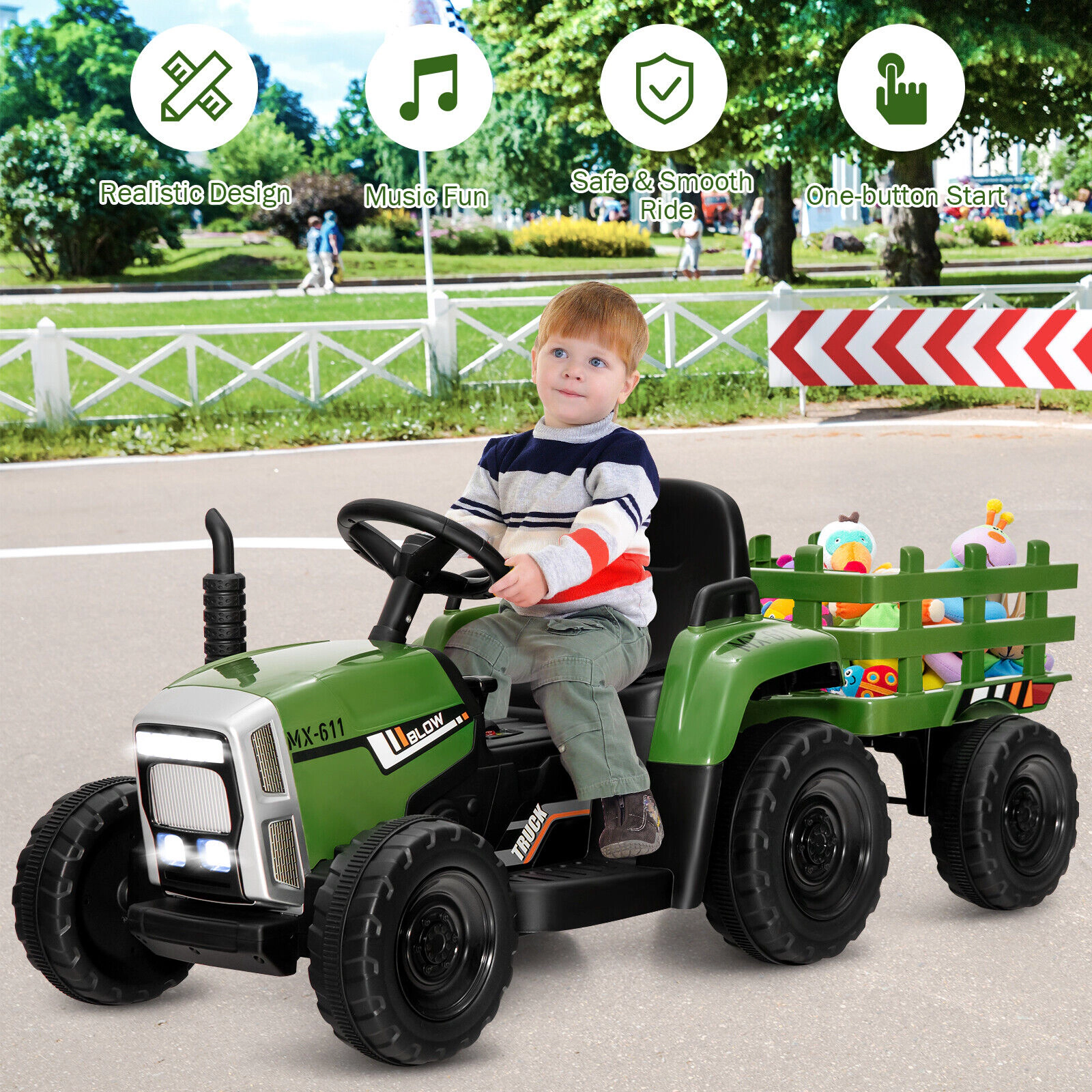12V Ride On Tractor for Kids Detachable Trailer 3-Gear Shift Ground Loader Parent Remote LED Lights Ages 3+ Dark Green
