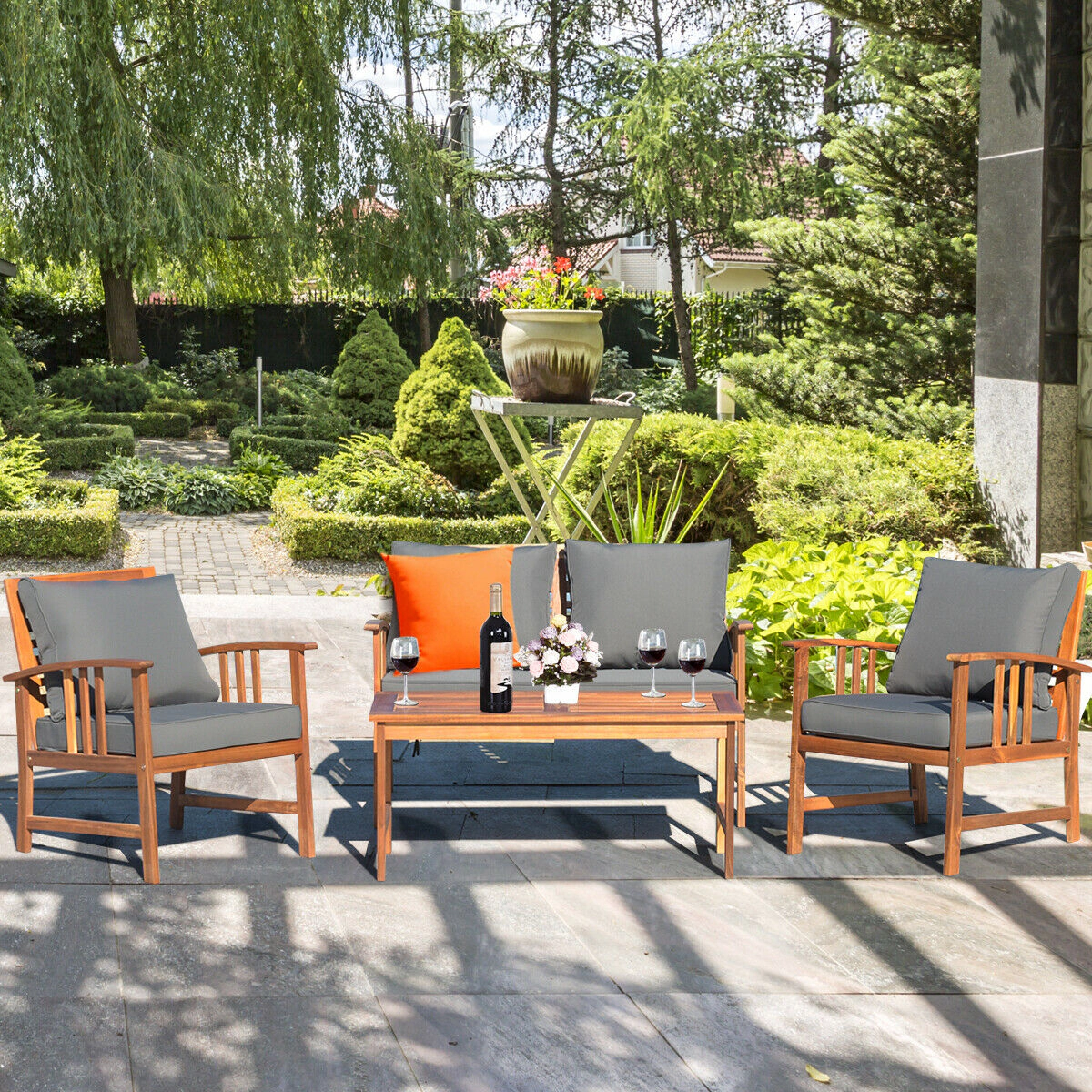 SUGIFT 4-Piece Acacia Wood Patio Furniture Set, Loveseat, 2 Chairs, Table, 7 Cushions