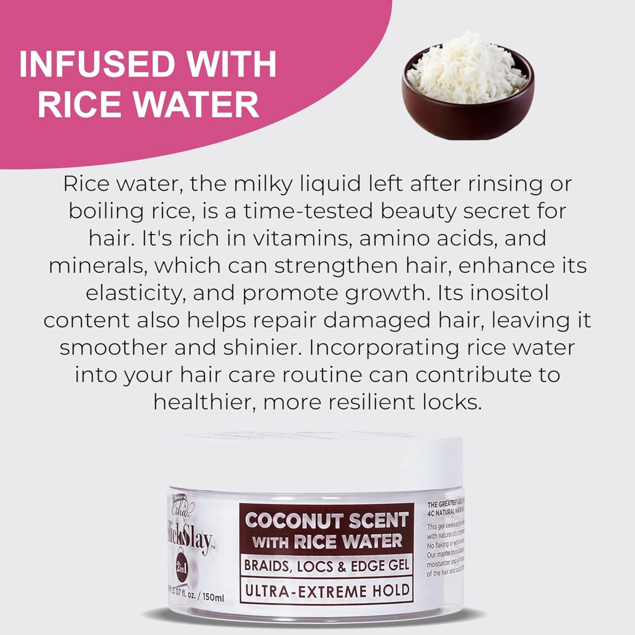 Esha Unisex Styling Gel Slick N Slay 2-IN-1 Braid & Edge Gel Coconut Scent with Ricewater