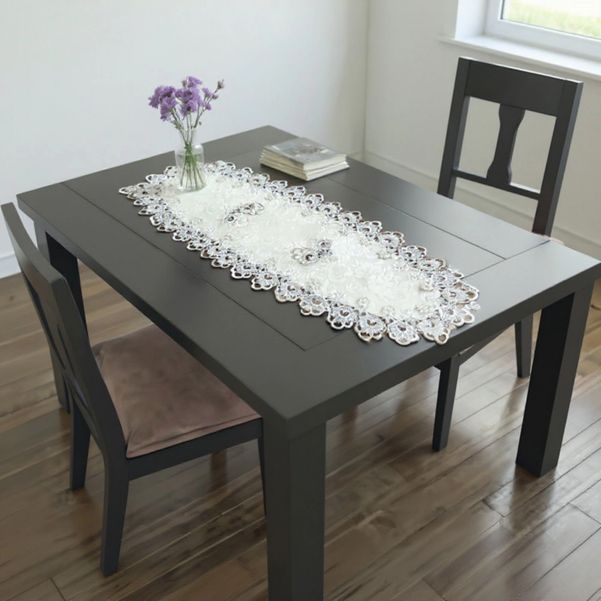 Alilang Unisex Embroidered Lace Table Runner with Floral Detailing and Scalloped Edges 33.5x33.5 in