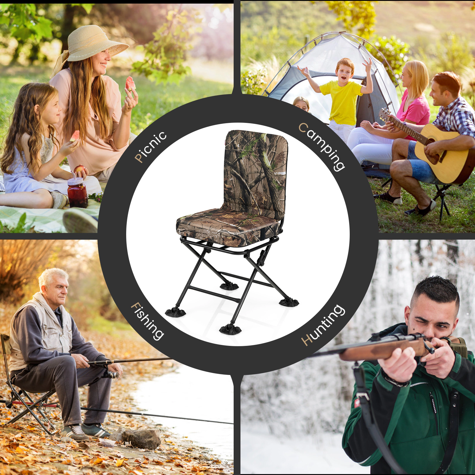 SUGIFT Swivel Folding Hunting Chair with Backrest and Padded Cushion 330-lb Capacity Camouflage