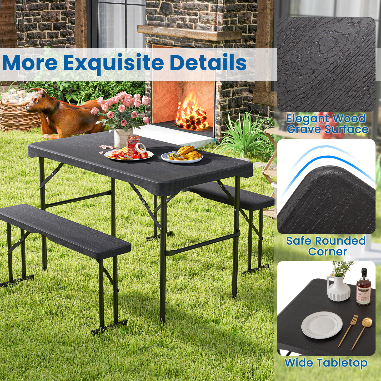 SUGIFT Outdoor Folding HDPE Table and Bench Dining Set 265-lb Table 400-lb Benches Black