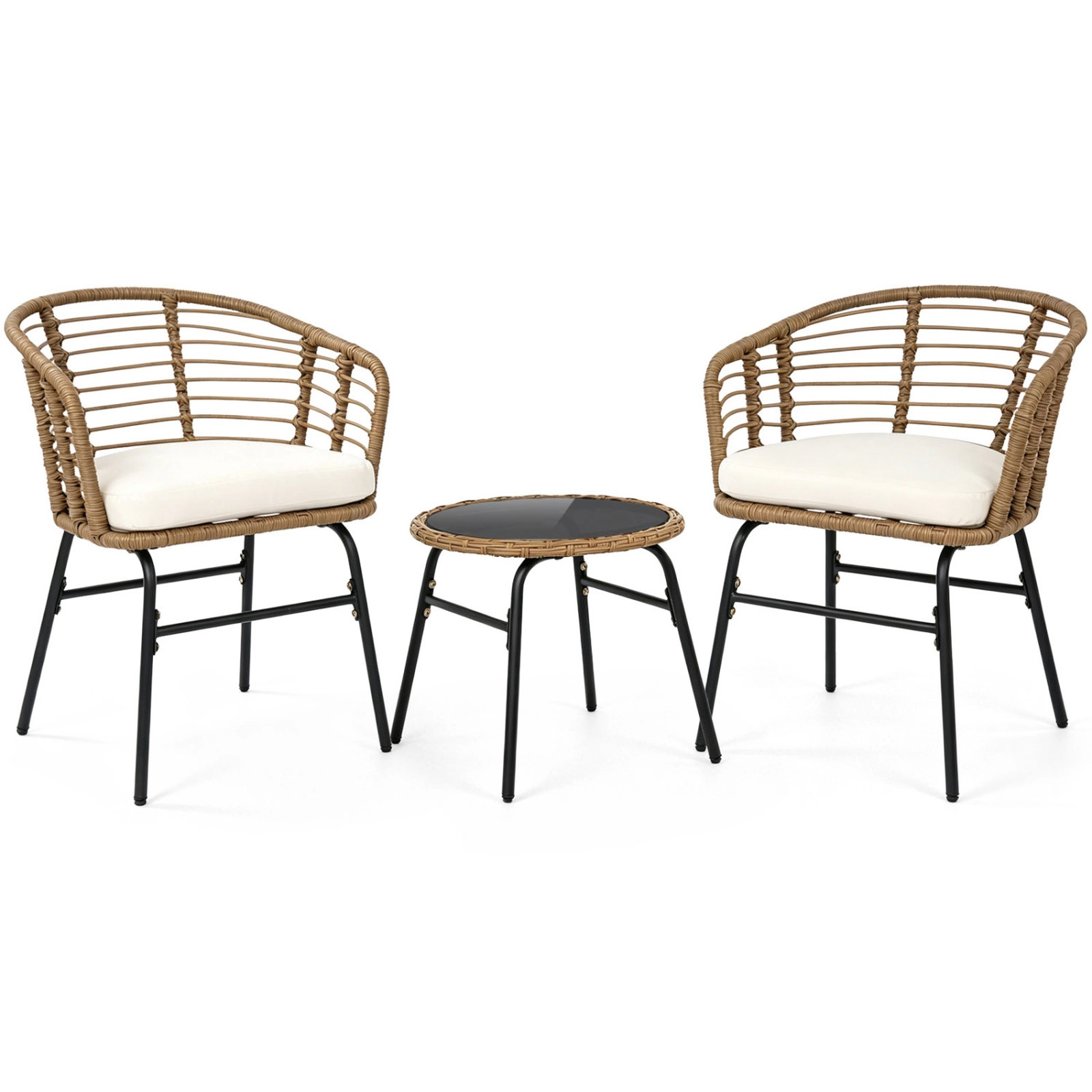 SUGIFT 3-Piece Natural Outdoor Wicker Bistro Set with Round Glass Table and Cushions