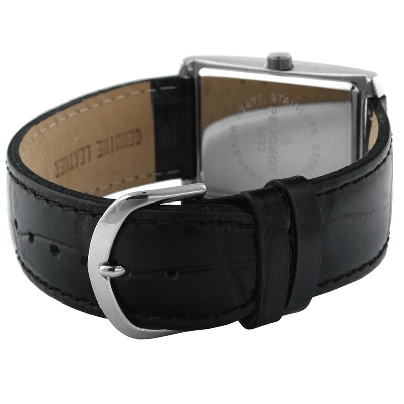 Peugeot Men's 30X40mm Silver Tank Shape Watch with Black Dial and Black Leather Strap
