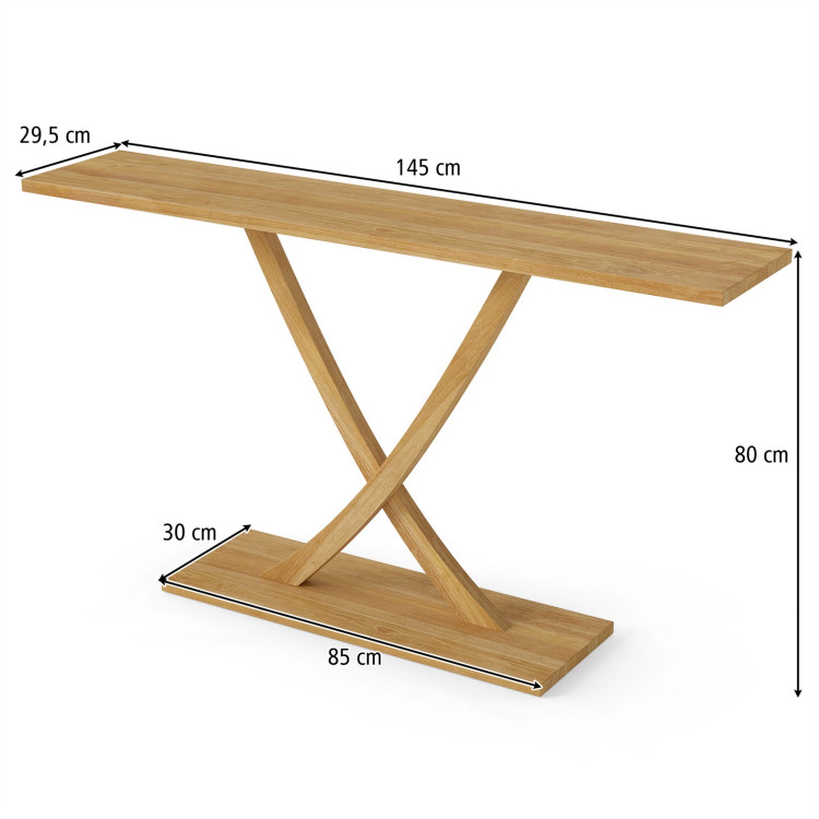 SUGIFT Solid Teak Wood Geometric X Frame 1.2-in Thick Top Console Table 57-in x 12-in x 32-in 110-lb Capacity Natural