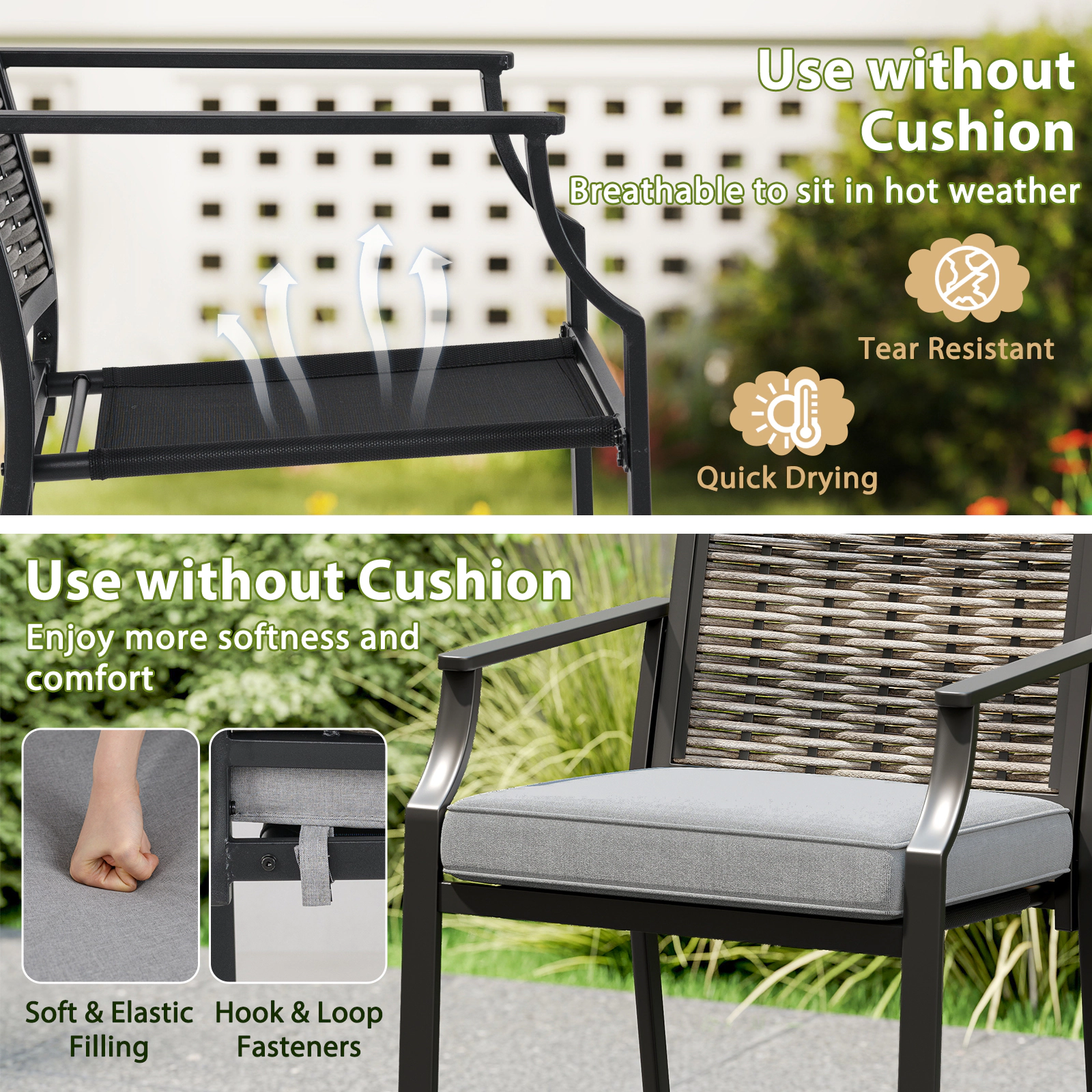 SUGIFT Set of 2 Gray Rattan Counter-Height Patio Bar Stools with Woven Backs and Cushions