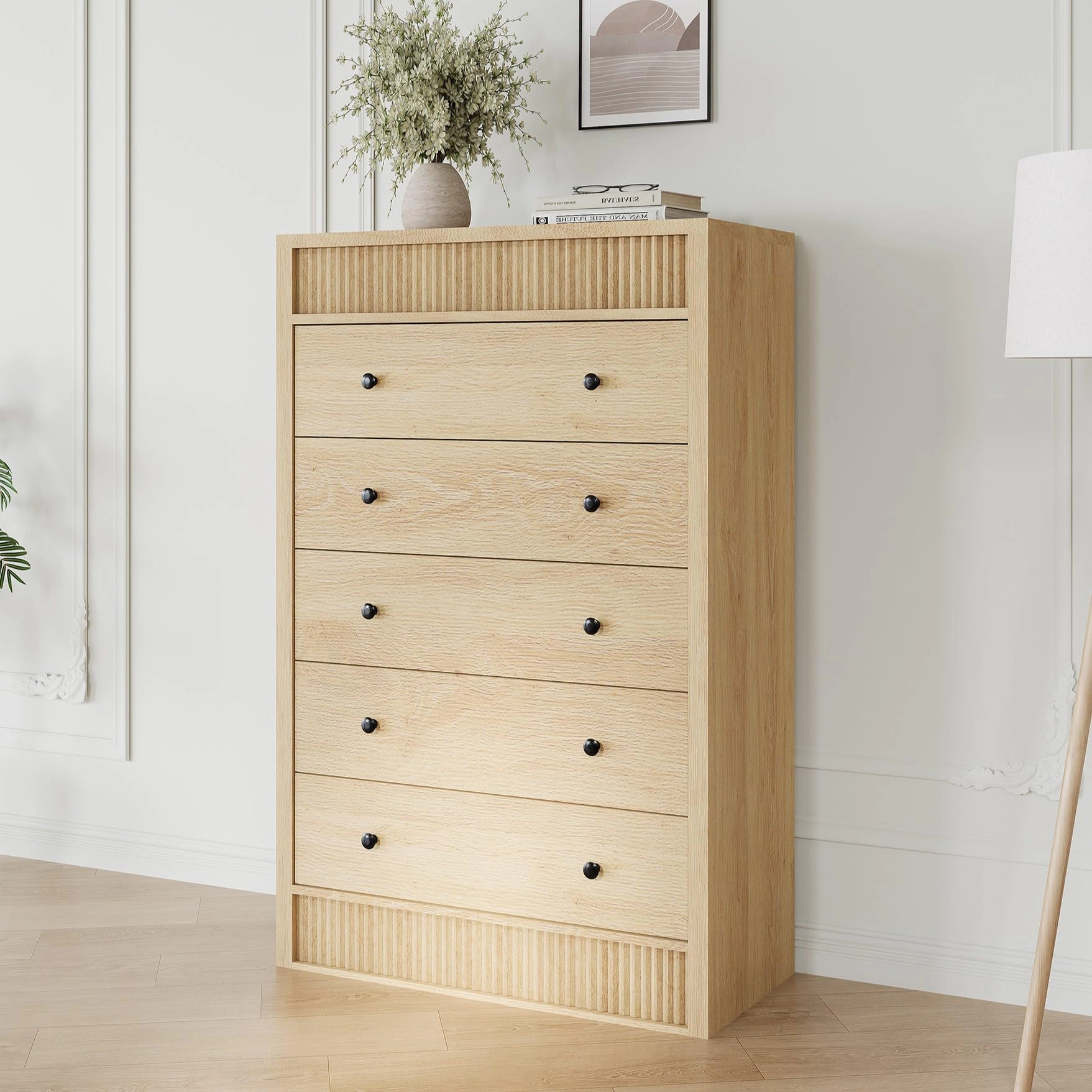 Fluted 5 Drawer Tall Wooden Dresser, 31.5" Wide Modern Storage Cabinet for Bedroom