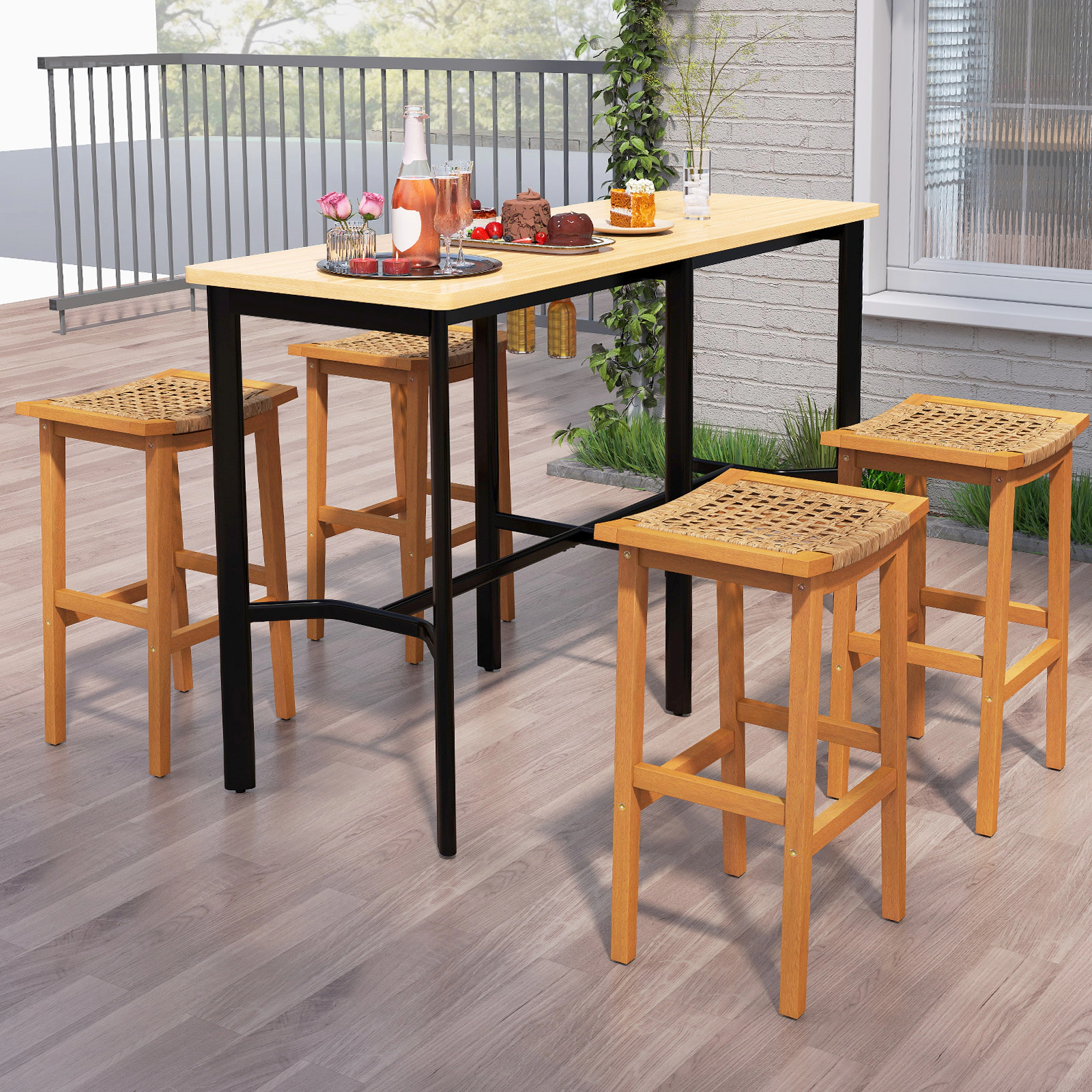 LJG Outdoor Acacia Wood Bar Stools Set of 2 with PE Rattan Seats and Backrests
