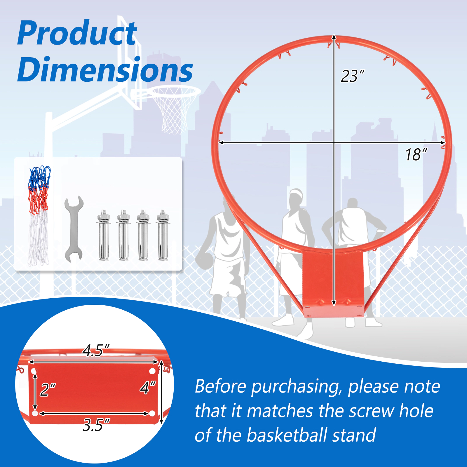 SUGIFT 18-in Powder-Coated Basketball Rim Replacement with All-Weather Net and Mounting Hardware