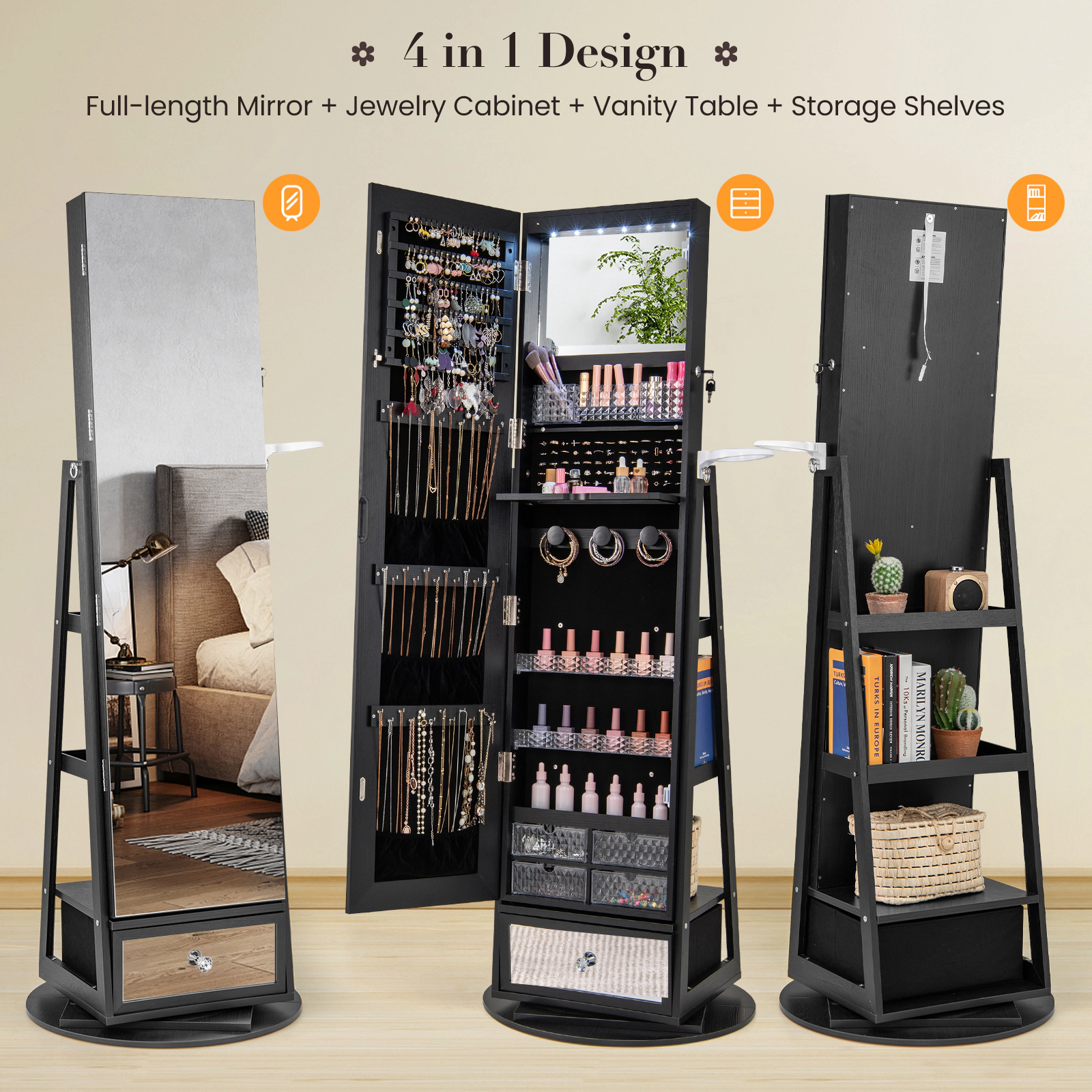 Hivvago Lockable 360° Swivel Jewelry Cabinet with Full-Length Mirror LED Lights