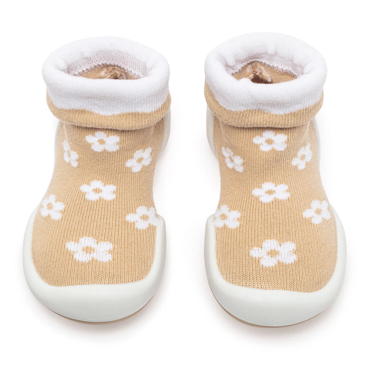 Komuello Toddler Girl First Walk Sock Shoes Daisies - Latte