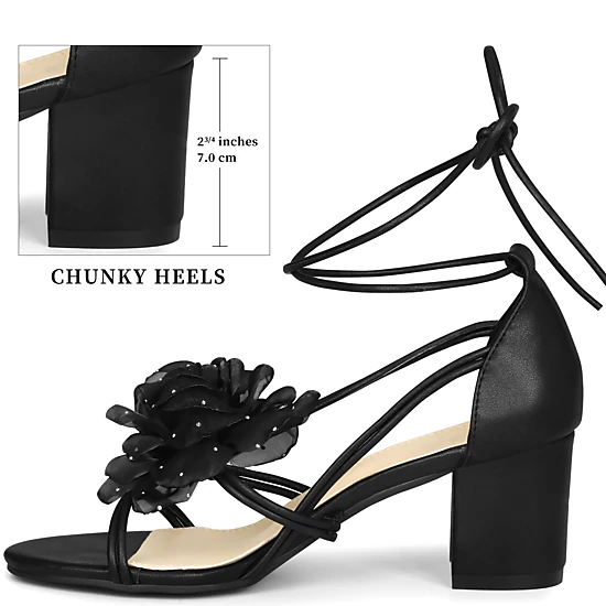 BLISSFUL STEP Women's Flowers Rhinestone Strappy Lace Up Chunky Heel Sandals