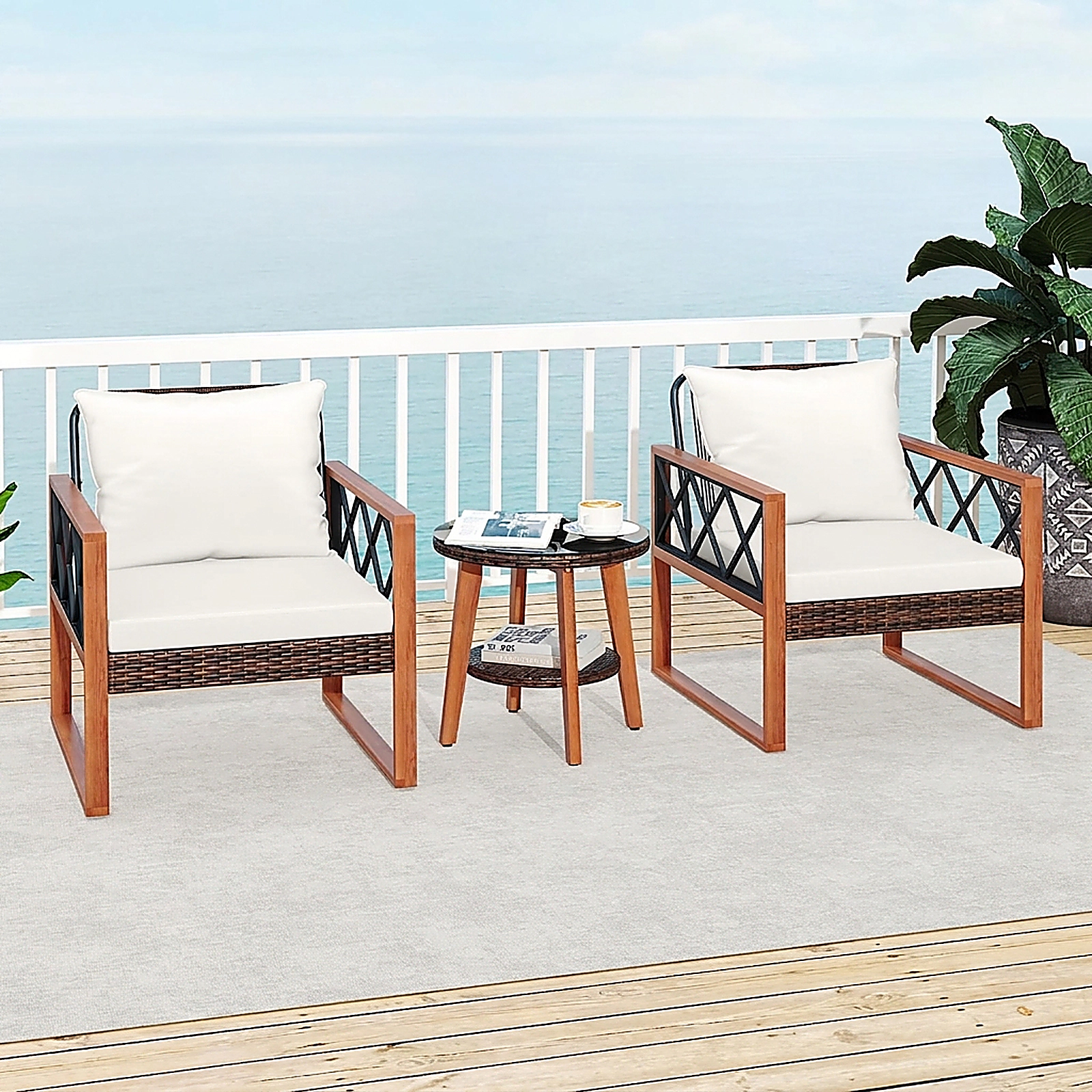 SUGIFT 3-Piece Off-White Patio Bistro Set, 2 Cushioned Rattan Chairs and Tempered Glass Table