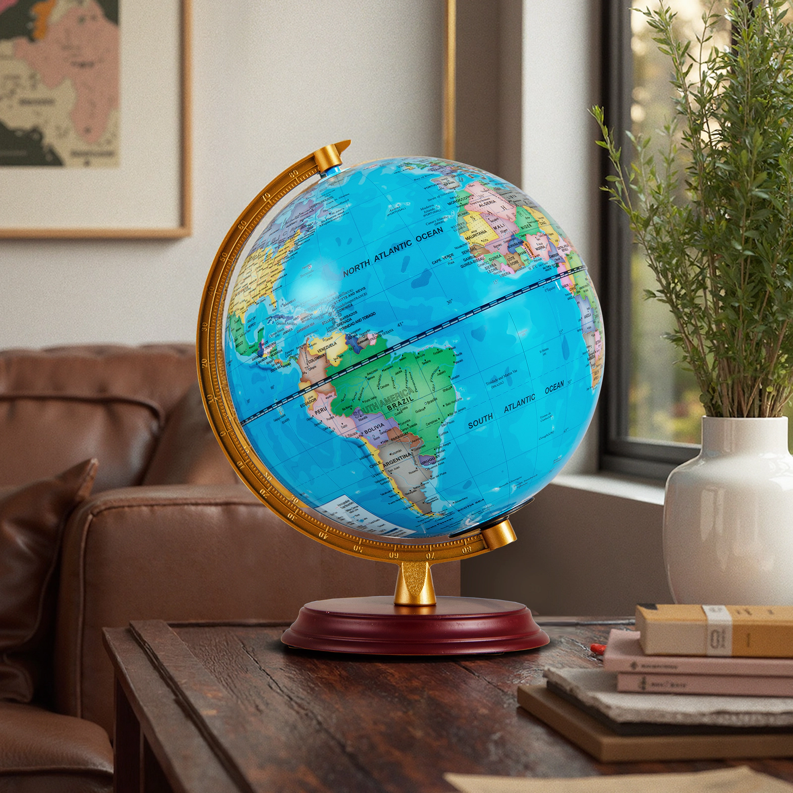 SUGIFT Kids LED Illuminated HD Map Wooden Base Night Light World Globe 8-in Diameter 8.5-in x 8.5-in x 10.5-in Blue