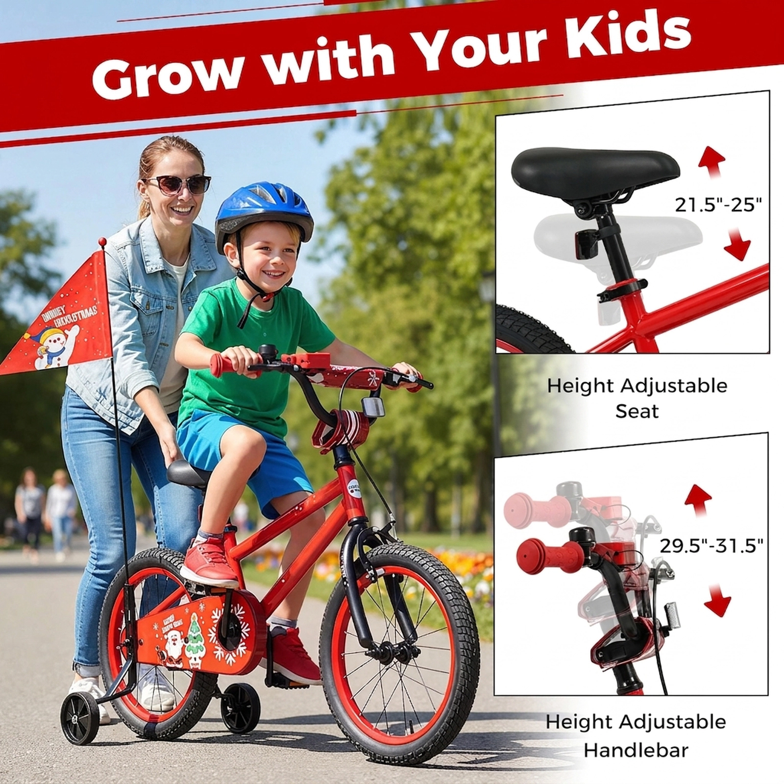 16-in Kids Bike Christmas Music Safety Flag Detachable Training Wheels Front V-Brake and Coaster Brake Ages 4-7 Red