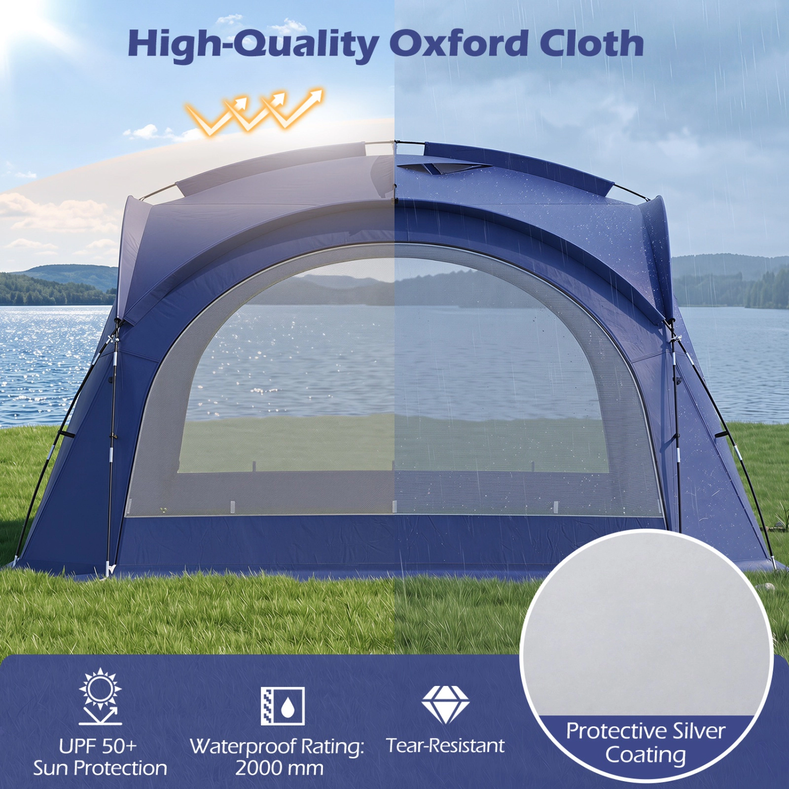 SUGIFT Extra Large Easy Setup Dome Canopy Beach Tent for 12-15 People with 4 Removable Zippered Sidewalls Blue/Beige