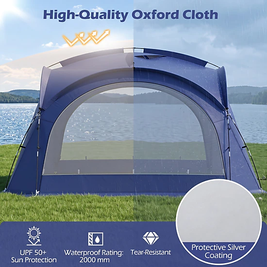 SUGIFT Extra Large Easy Setup Dome Canopy Beach Tent for 12-15 People with 4 Removable Zippered Sidewalls Blue/Beige