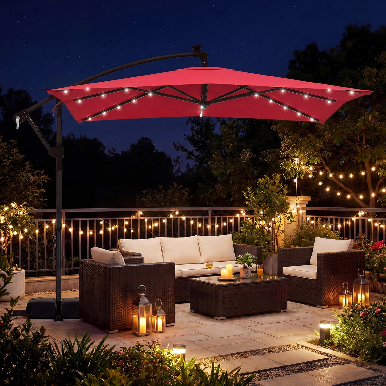 SUGIFT 8-ft Red Square Solar LED Offset Patio Umbrella with 360-Degree Rotation and Crank Lift for Deck