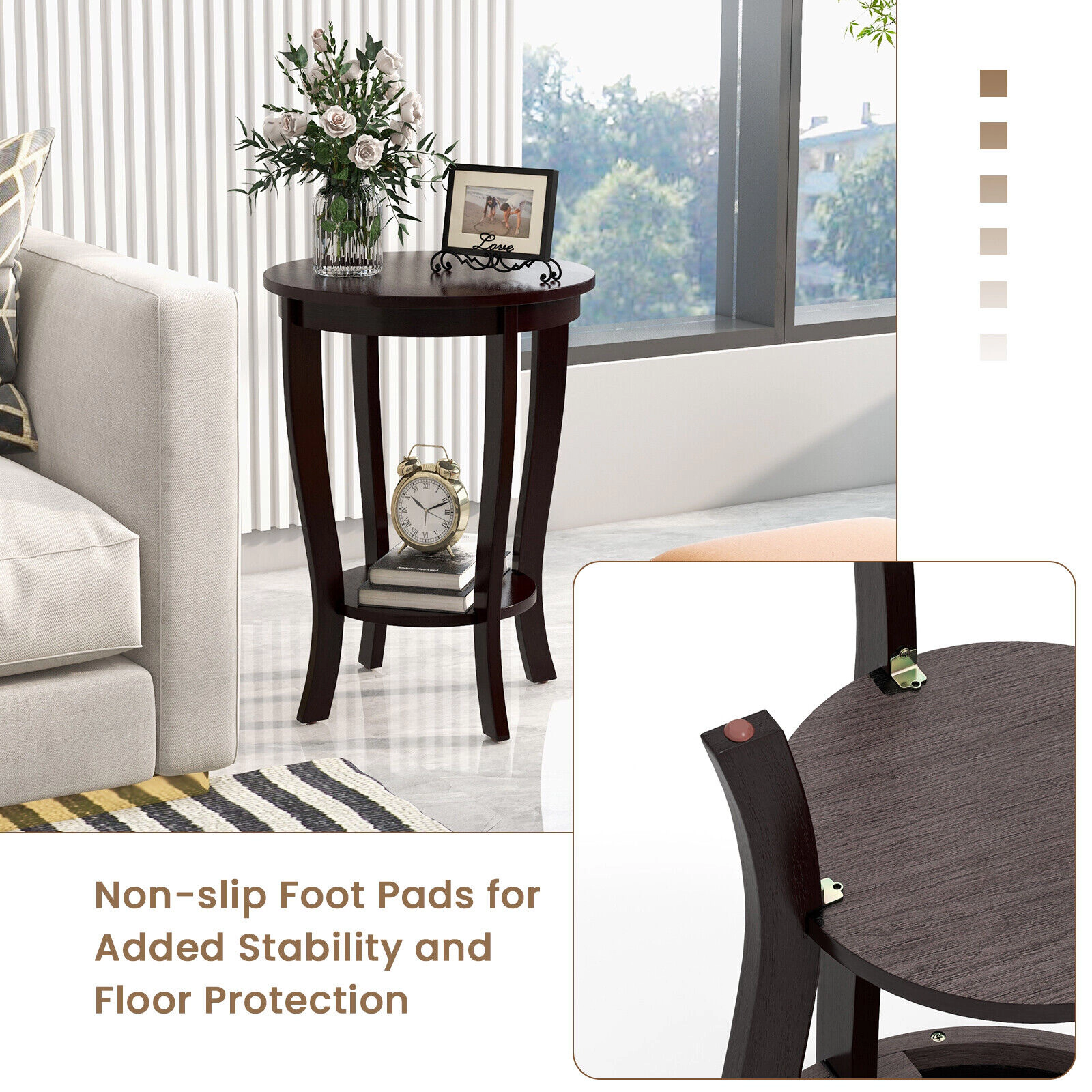 SUGIFT 2-tier Round End Table with Solid Wood Legs 170-lb Capacity Espresso