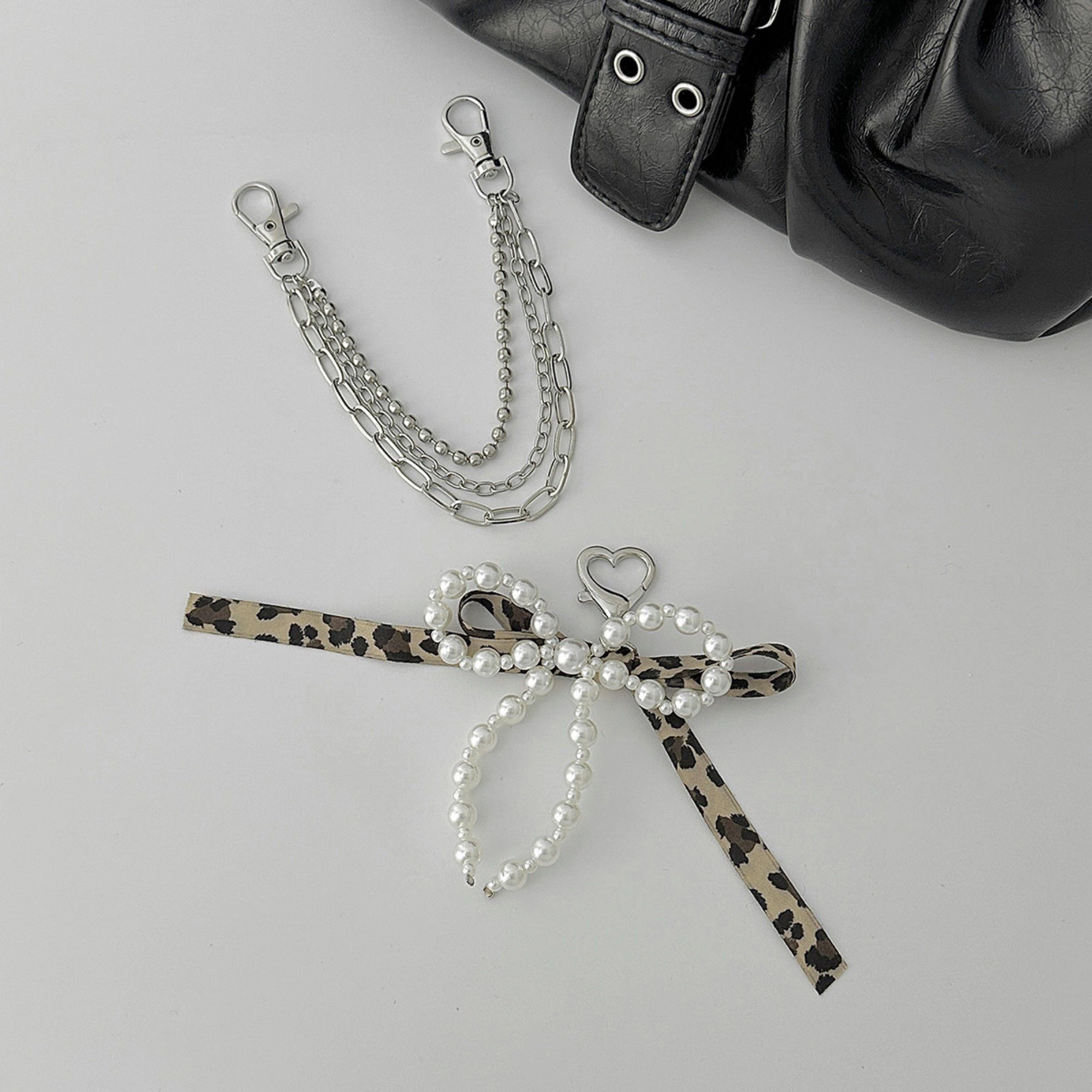 Alilang Women's Pearl Bow Chain Bag Charm with Leopard Ribbon Layered Silver Tone Clips for Bags and Jeans