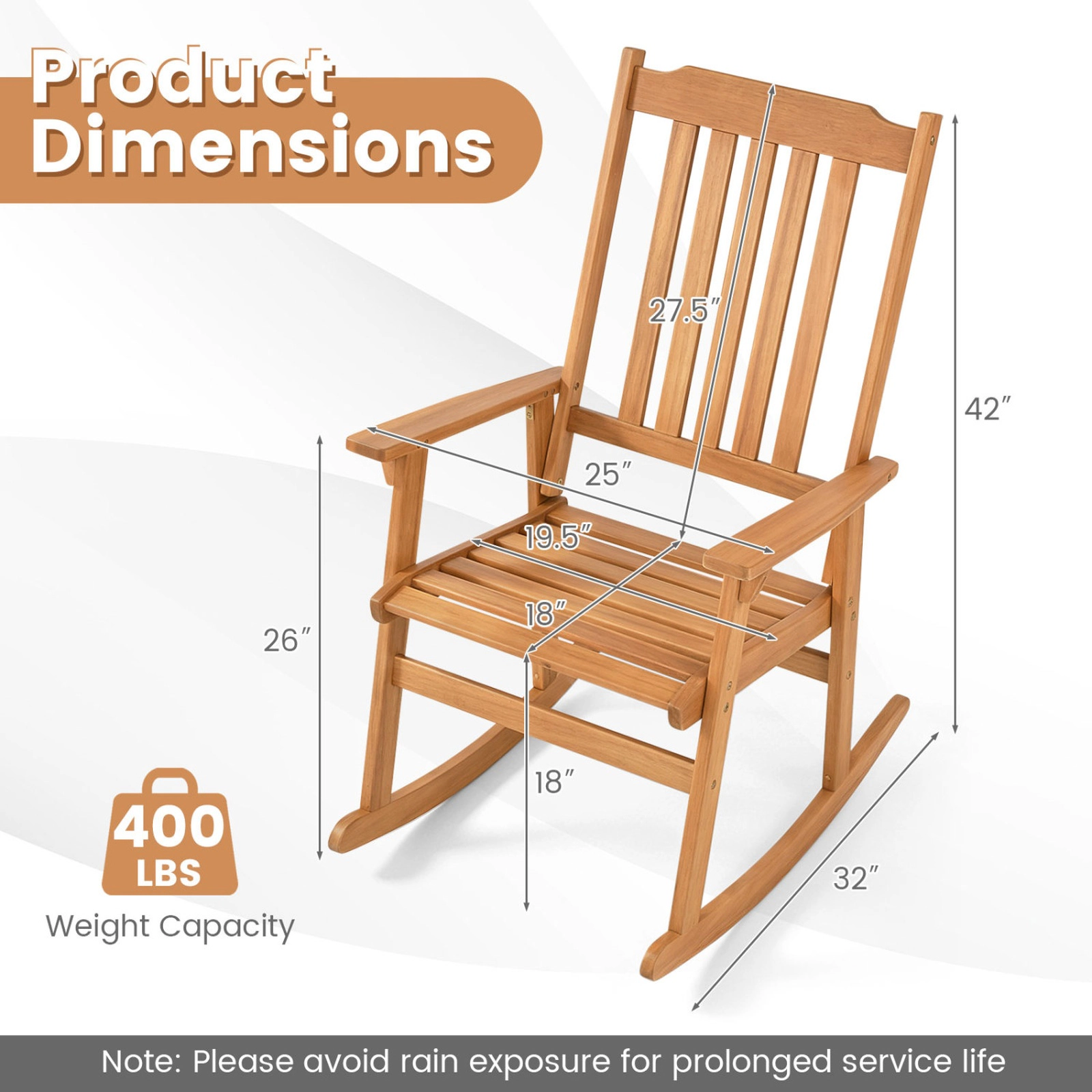 SUGIFT Acacia Wood Oversized Rocking Chair with High Back and Armrests 400-Lb Capacity Natural
