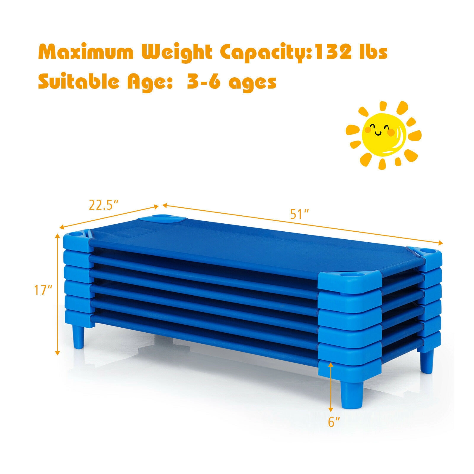 SUGIFT Blue 6-Pack Stackable Kids Daycare Nap Mat with Detachable Fabric Bed 51-in L 22.5-in W 6-in H