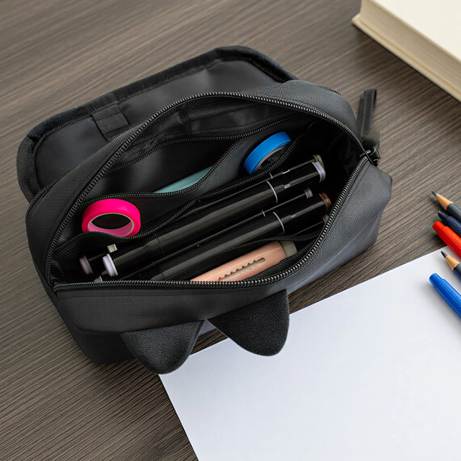Wrapables 3D Cat 2-Compartment Pencil Case, Midnight Cat