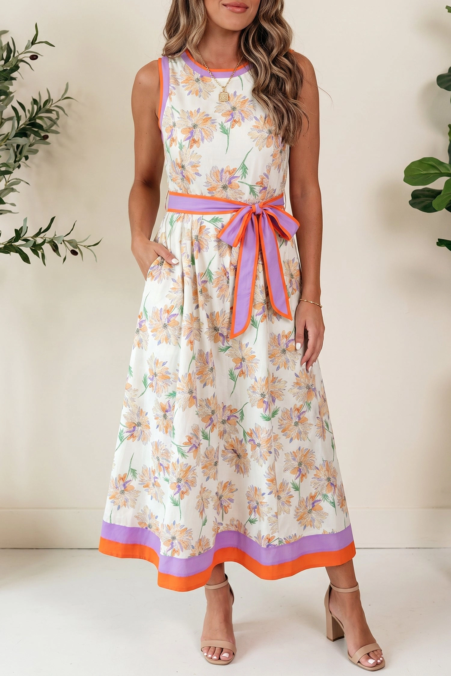 Threaded Pear Daphne Belted Sleeveless Maxi Dress