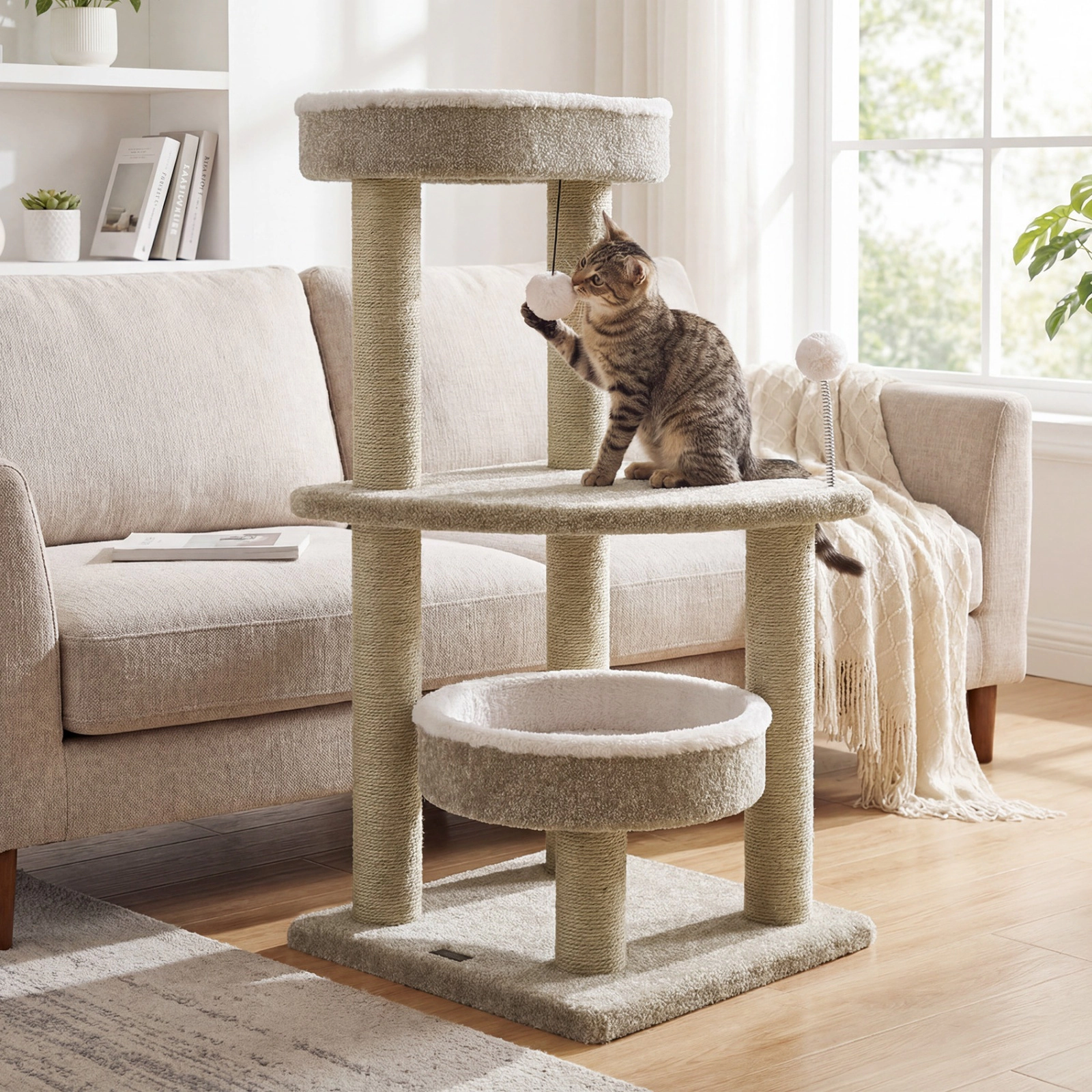 SUGIFT White Plush Perches and Jute Rope Posts 36 in Carpeted Cat Tree