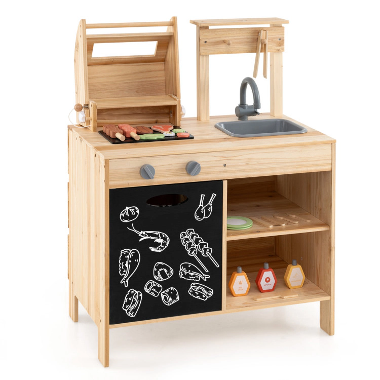 SUGIFT Wooden Barbecue Grill Playset with Chalkboard Sink and Cabinet 27-in Wide Countertop Ages 3+ 25-Piece Set Natural