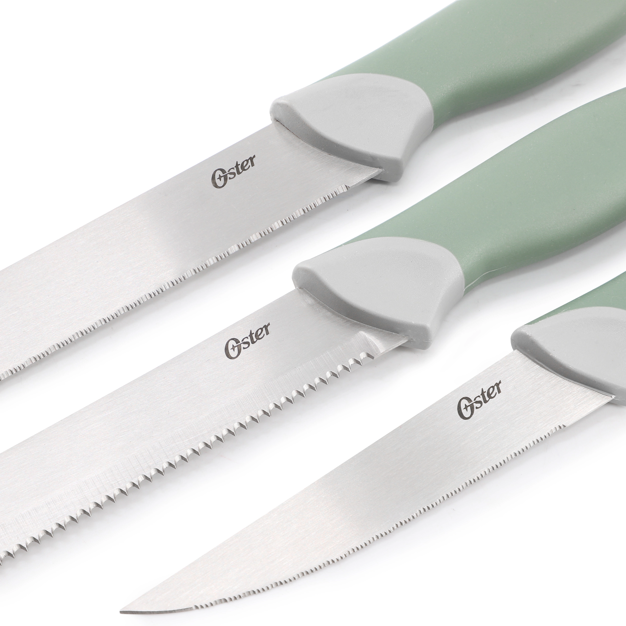Oster Linbergh 14 Piece Stainless Steel Cutlery and Cutting Board Set in Green with Soft-Grip Handles