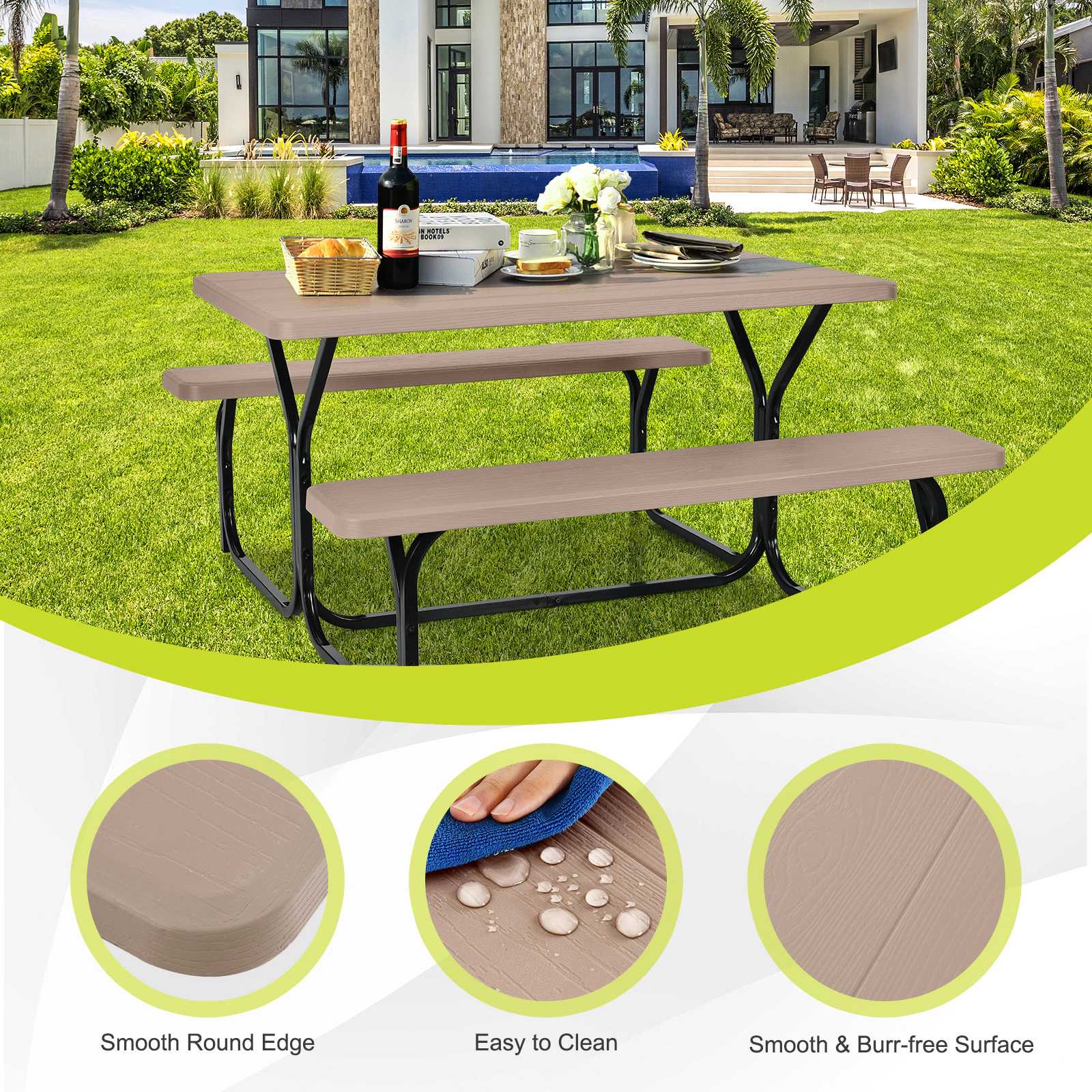 SUGIFT Outdoor Picnic Table Bench Set Coffee HDPE Wood-Look Top with Metal Base