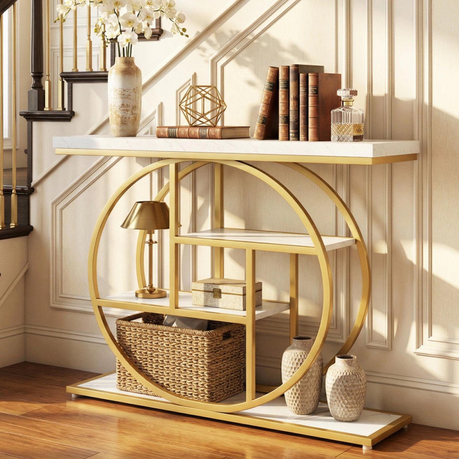 SUGIFT 4-Tier Faux Marble Top Gold O-Shaped Frame Entryway Console Table 41-in x 12-in x 31-in 110-lb Capacity White