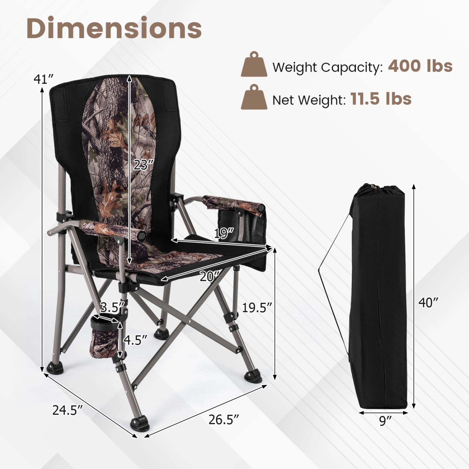 SUGIFT 400-lb Capacity Tall High Back Folding Camping Chair with Cup Holder Mesh Pocket and Carry Bag