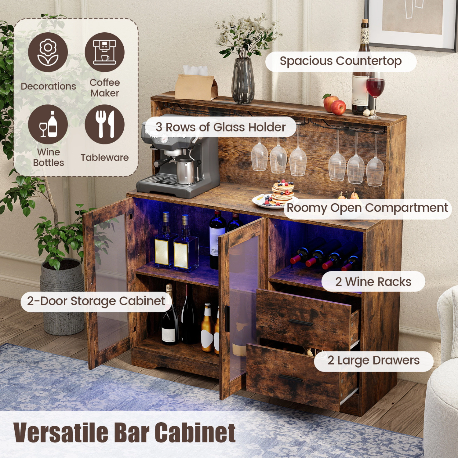 LJG Wine Bar Cabinet with LED Lights and Charging Station