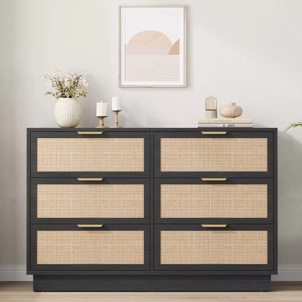 Rattan 6 Drawer Dresser with Metal Handles, 47" Wide Double Storage Chest for Bedroom Home Office