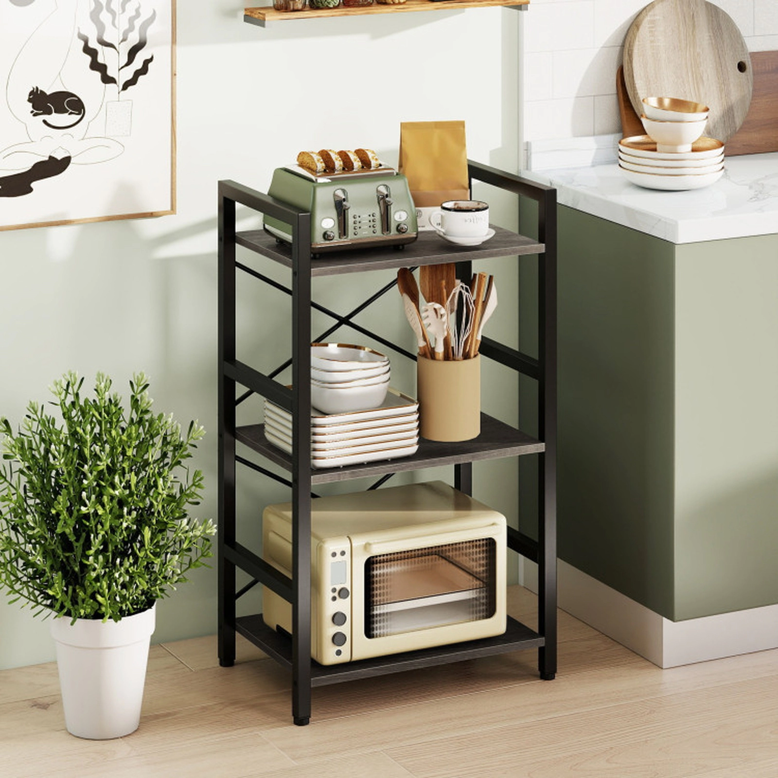 SUGIFT 4-Tier Bookshelf with X-Braced Metal Frame and Adjustable Foot Pads