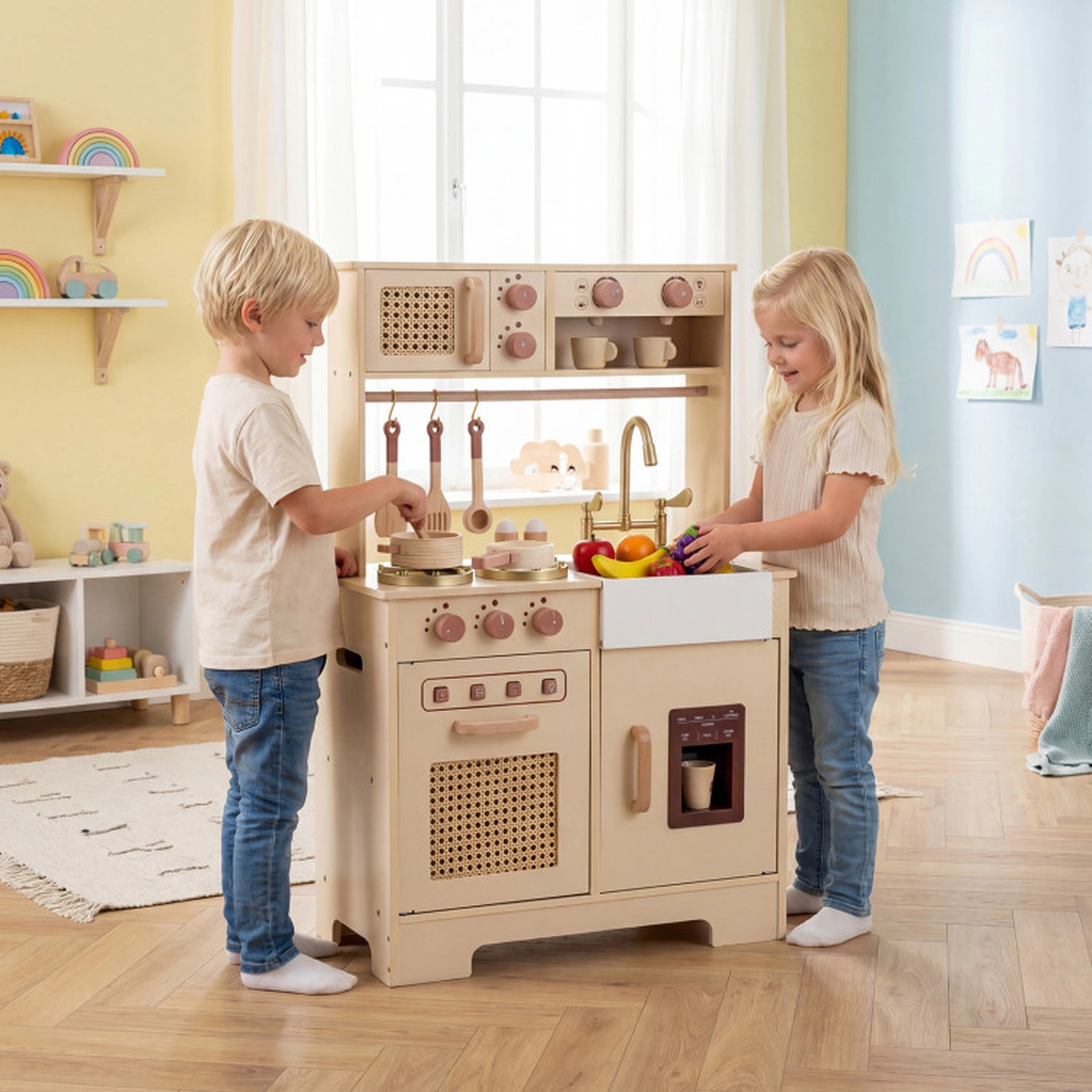 SUGIFT Yellow Ice Machine Coffee Maker and Rattan Accents Kids Wooden Chef Play Kitchen