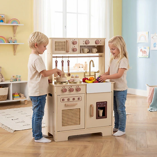 SUGIFT 23.5-in Yellow Wooden Kids Kitchen Playset with Ice Machine Coffee Maker and Rattan Accents 19.5-in Counter
