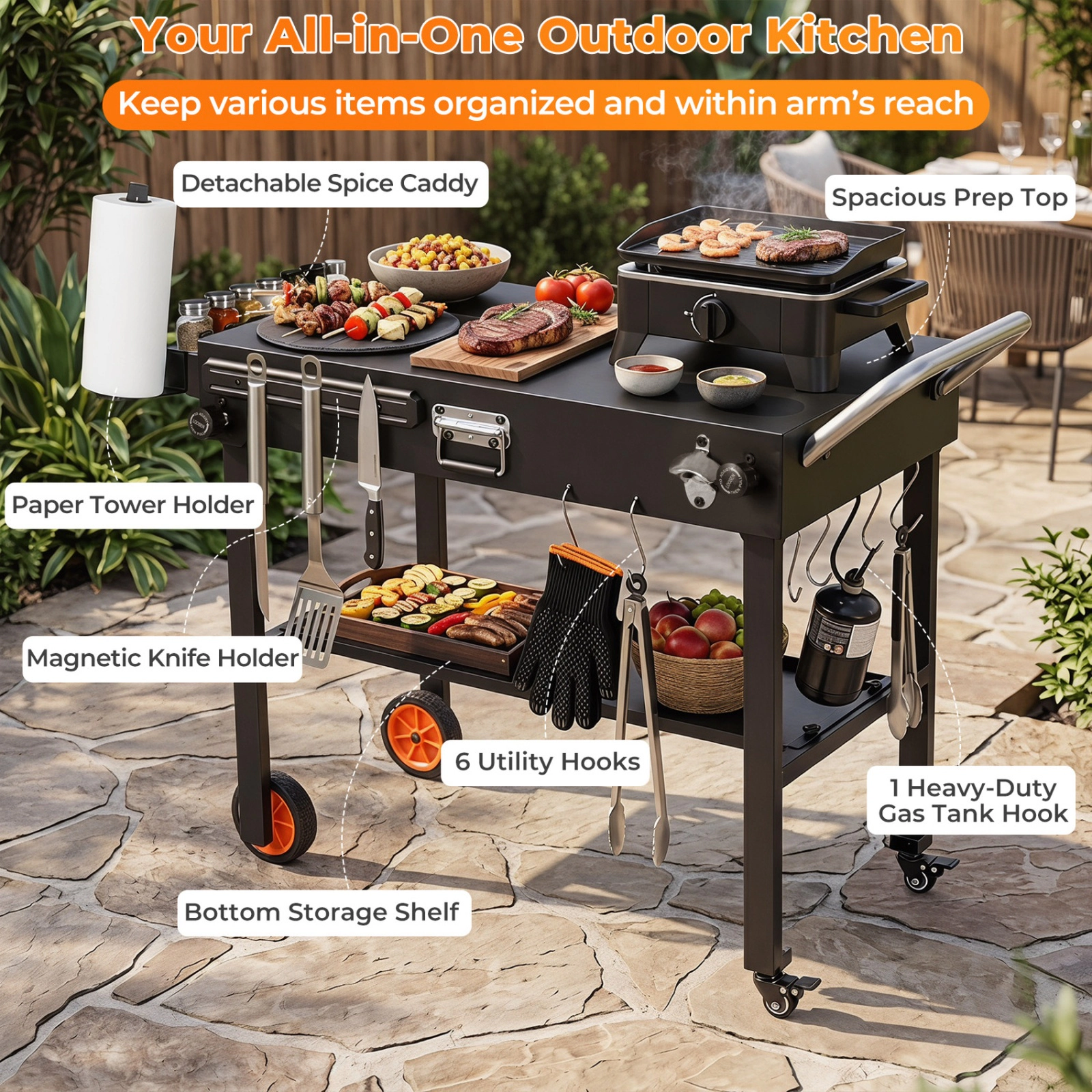 SUGIFT 330-lb Capacity Black Folding Grill Cart with Heat-Resistant Mat 360-Degree Casters and 6 Hooks