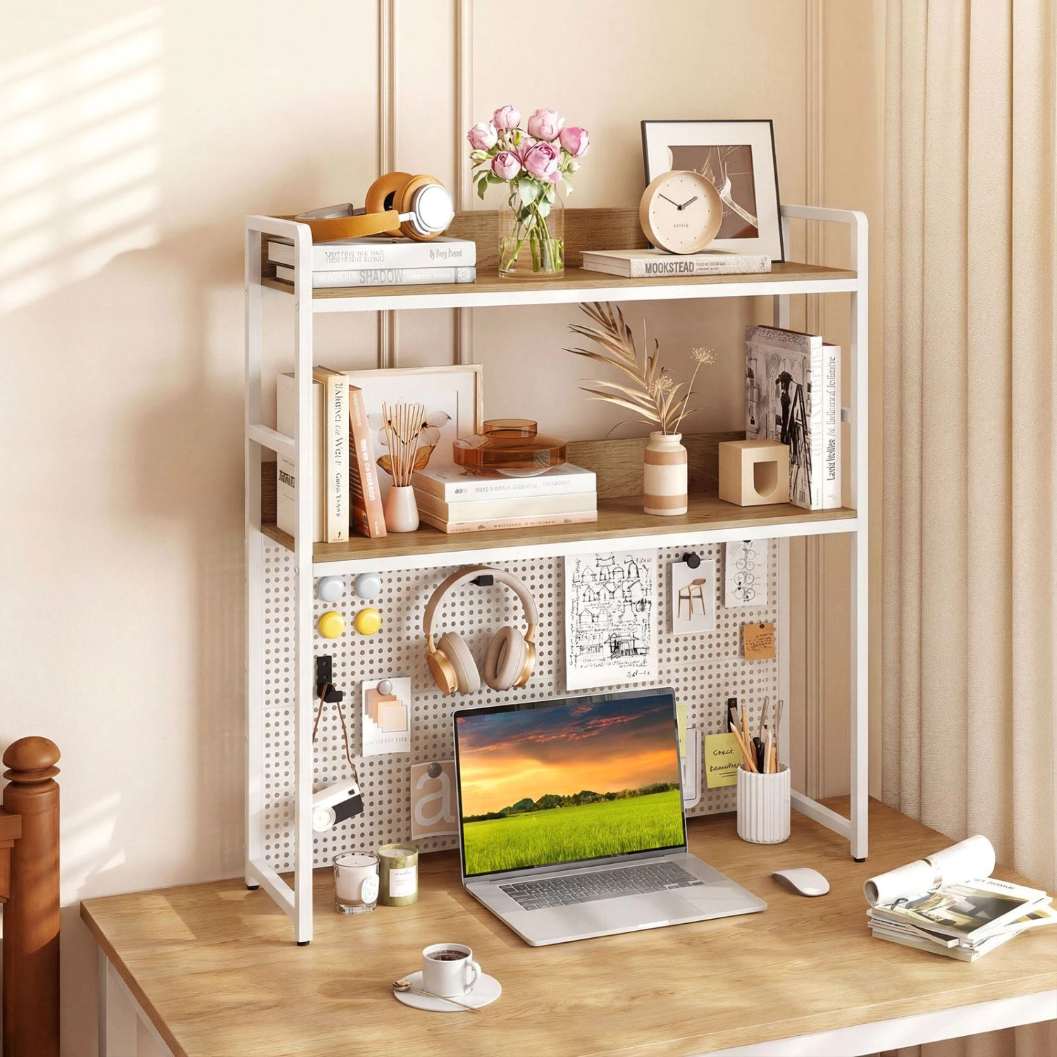 SlickBlue Desktop Bookshelf with 2-Tier Shelves and Pegboard Storage