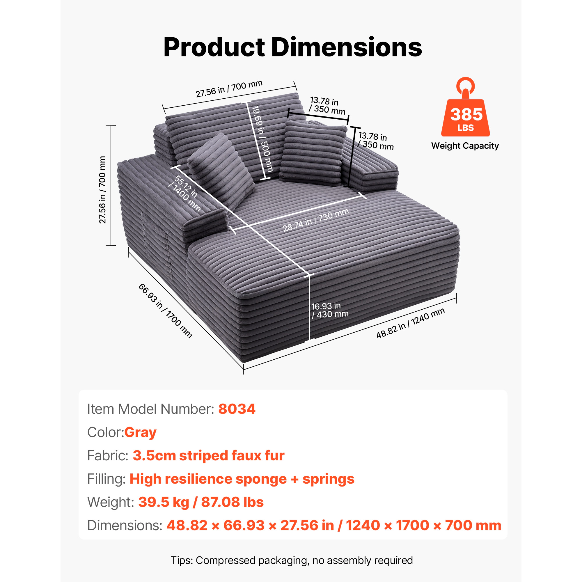 HONGGE Chaise Lounge Chair, Boneless Indoor