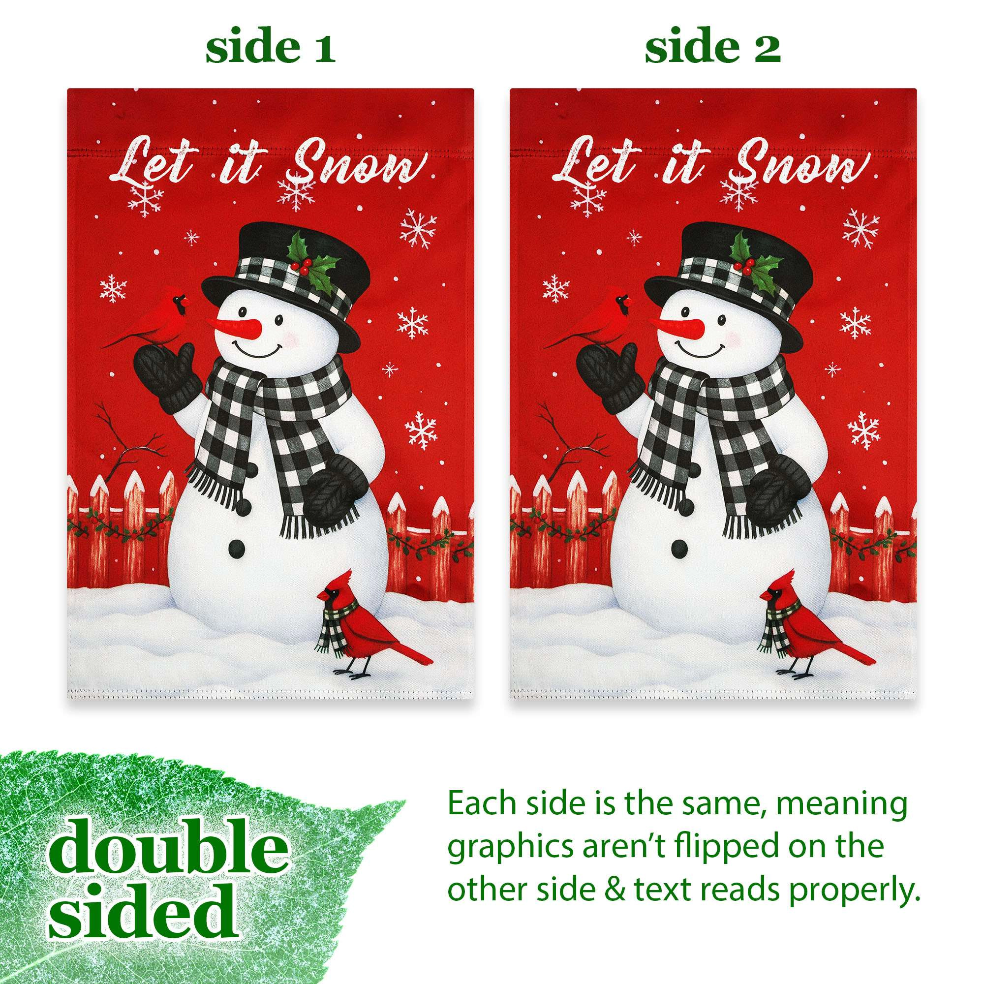 G128 Let It Snow Snowman and Cardinal Double-Sided Garden Flag 12x18