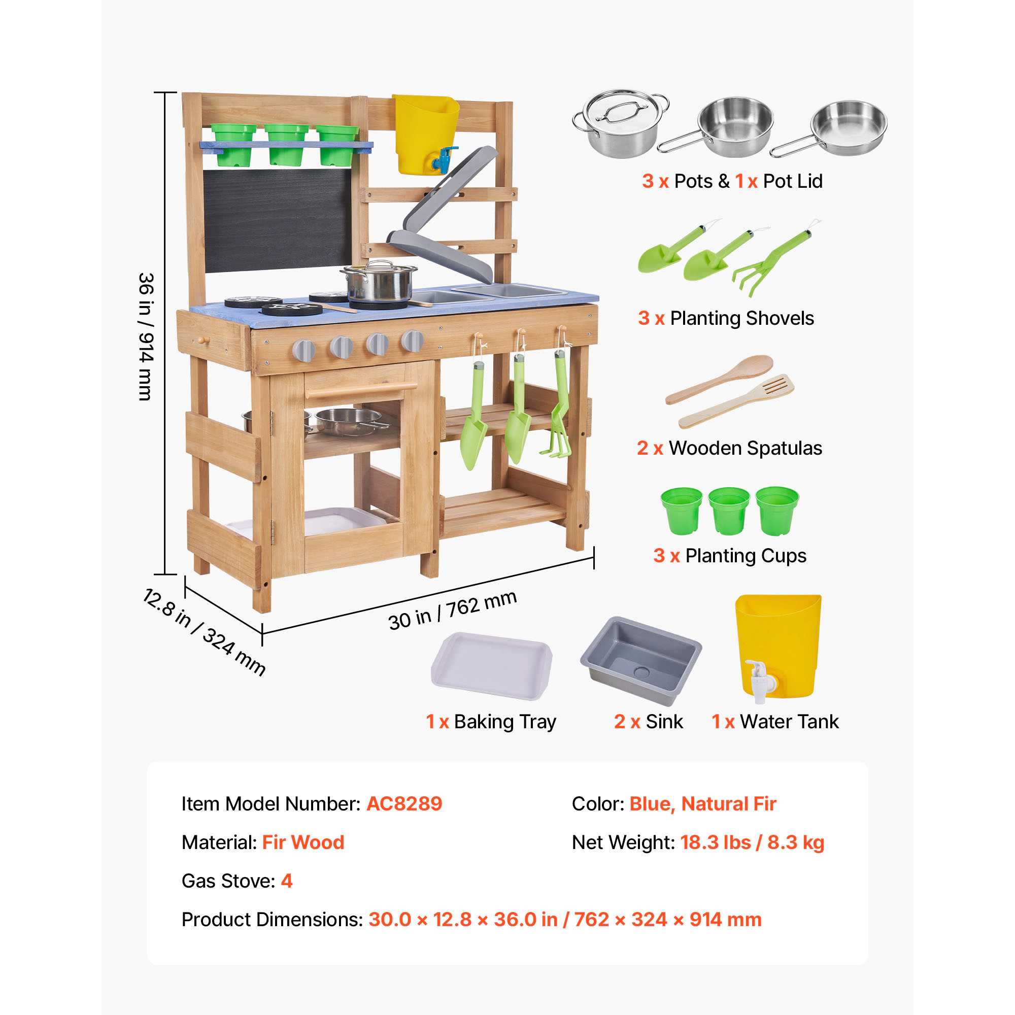 HONGGE Mud Kitchen, Outdoor Kitchen for Kids, Wood Play Kitchens with Sink, Tank, Shovels