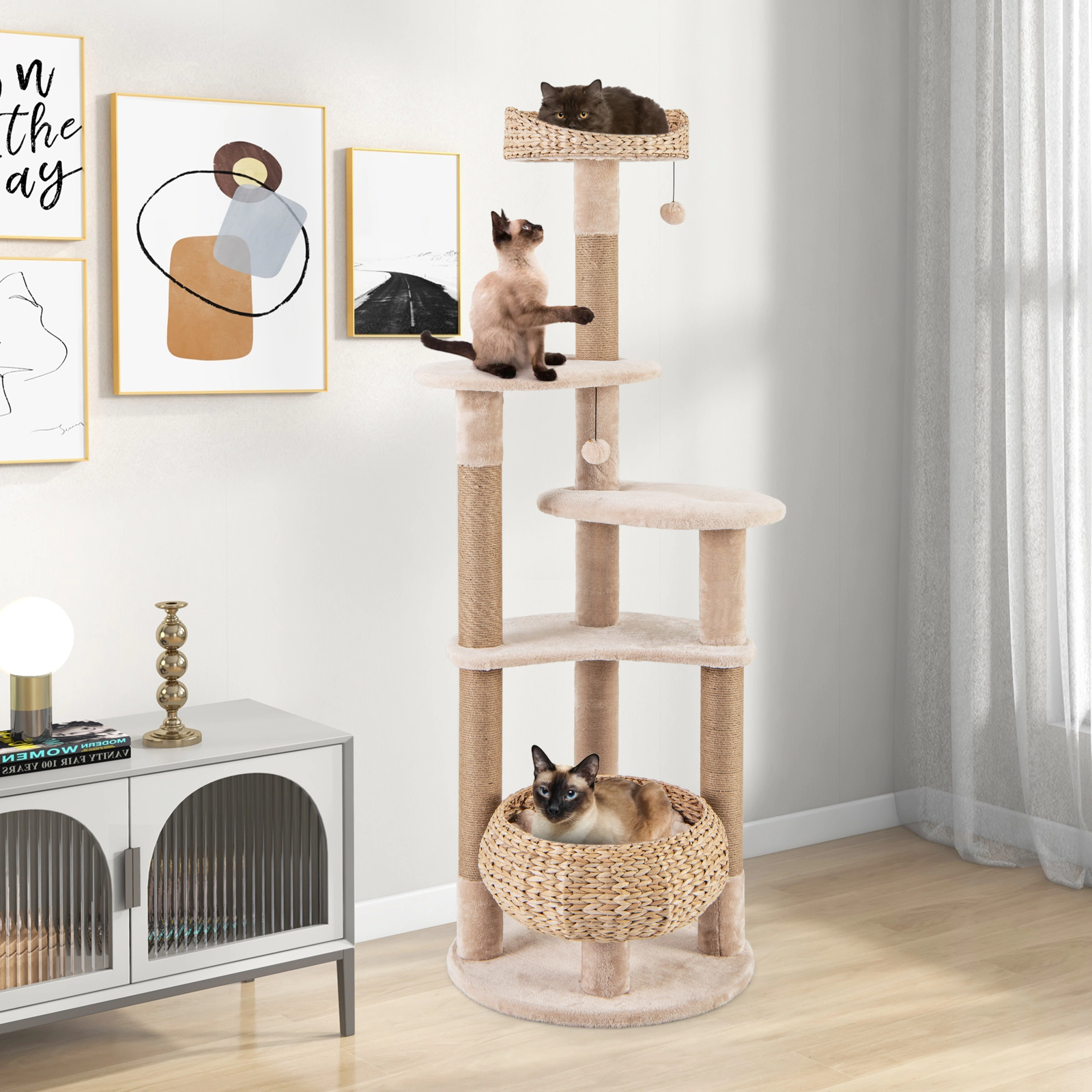 Glintex 59-Inch 5-Layer Cat Tree with Hideaway Condo Hammock and Cattail Weave, Beige