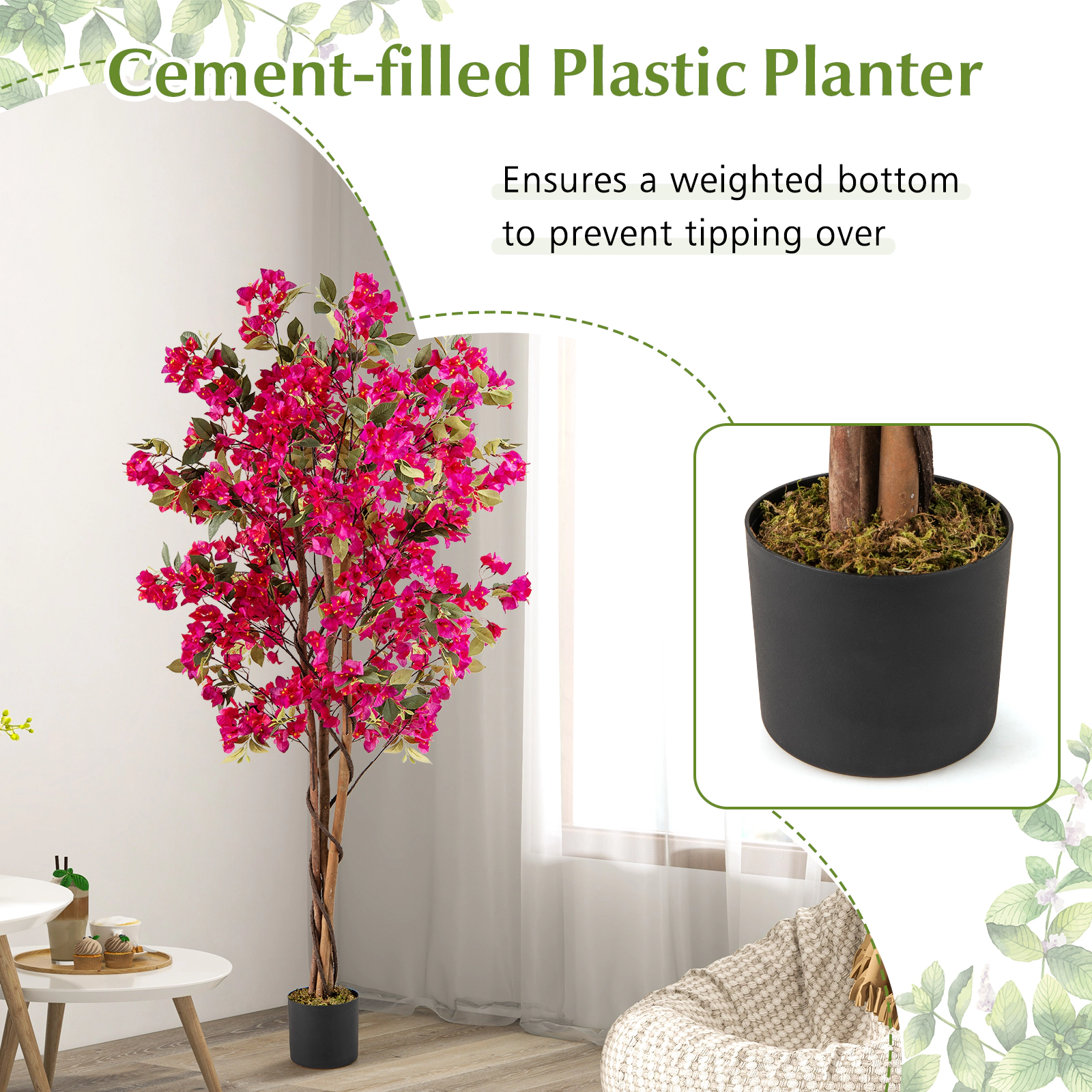 SUGIFT 6-ft Tall 910-Flower Faux Bougainvillea Artificial Tree with Weighted Cement-Filled Planter