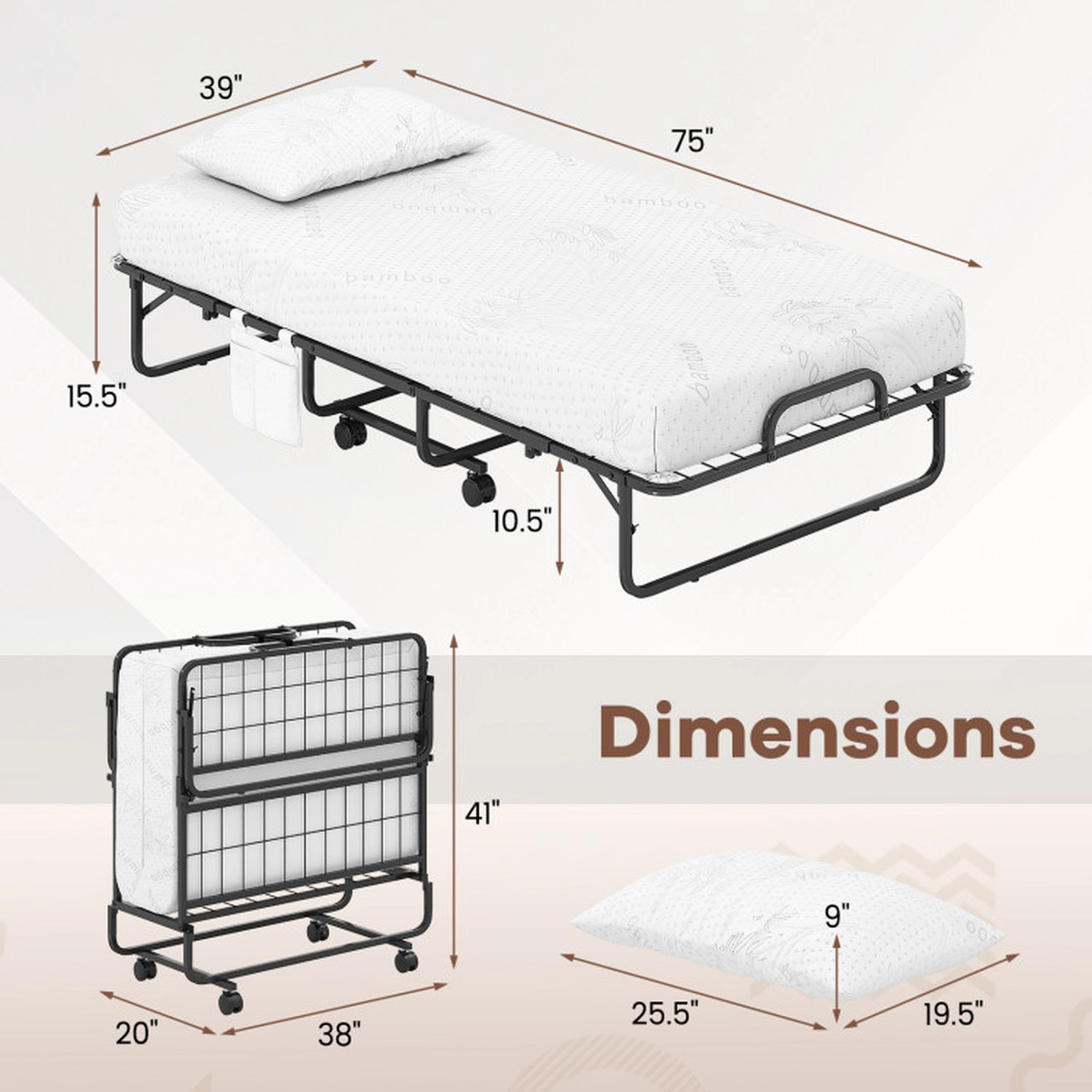 SUGIFT Twin Size Folding Portable Bed with 5-in Mattress 480-lb Capacity White Mattress Black Frame 75-in Long