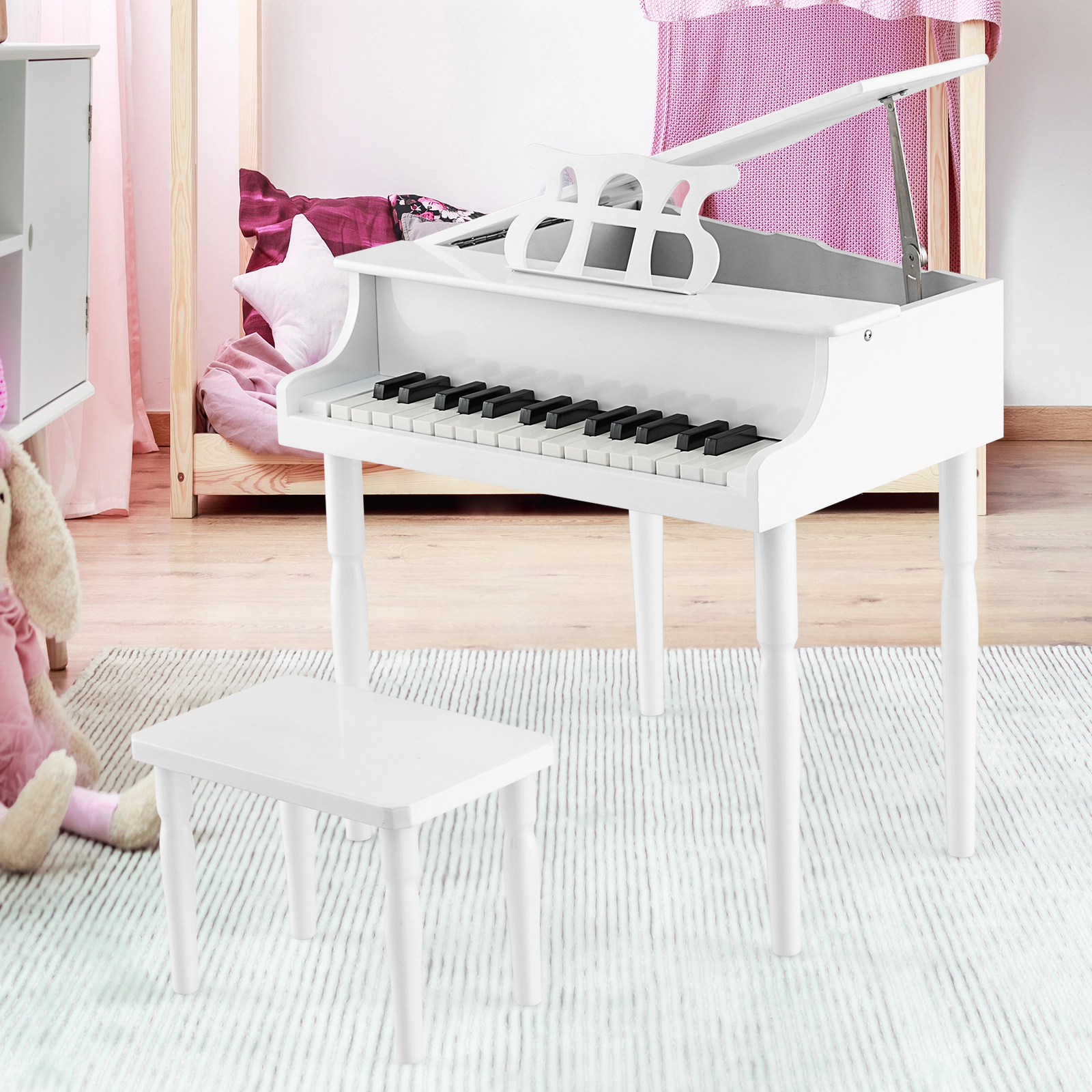 SUGIFT White 30-Key Wood Kids Grand Piano with Bench Music Rack and Child-Friendly Curved Angles