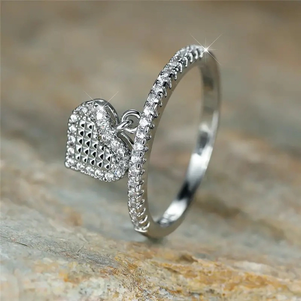 Dangling Heart Half-Pave Cubic Zirconia Band Statement Ring for Women
